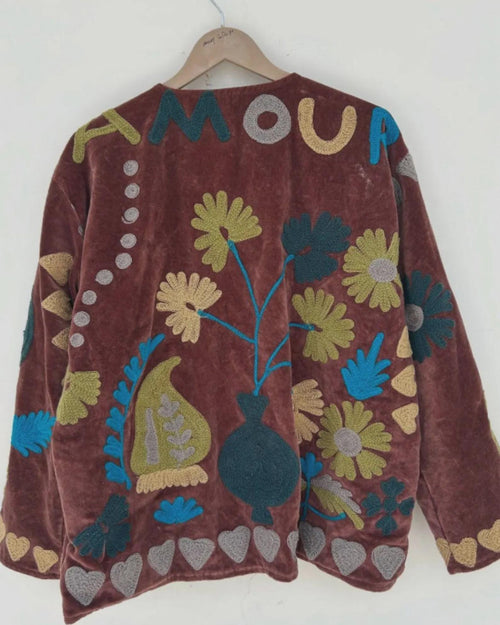 Brown Velvet Boho Suzani Jacket | Hand Embroidered Kimono | Winter Jacket Women | Unisex Outerwear | Vintage Style Coat | Gift for Her