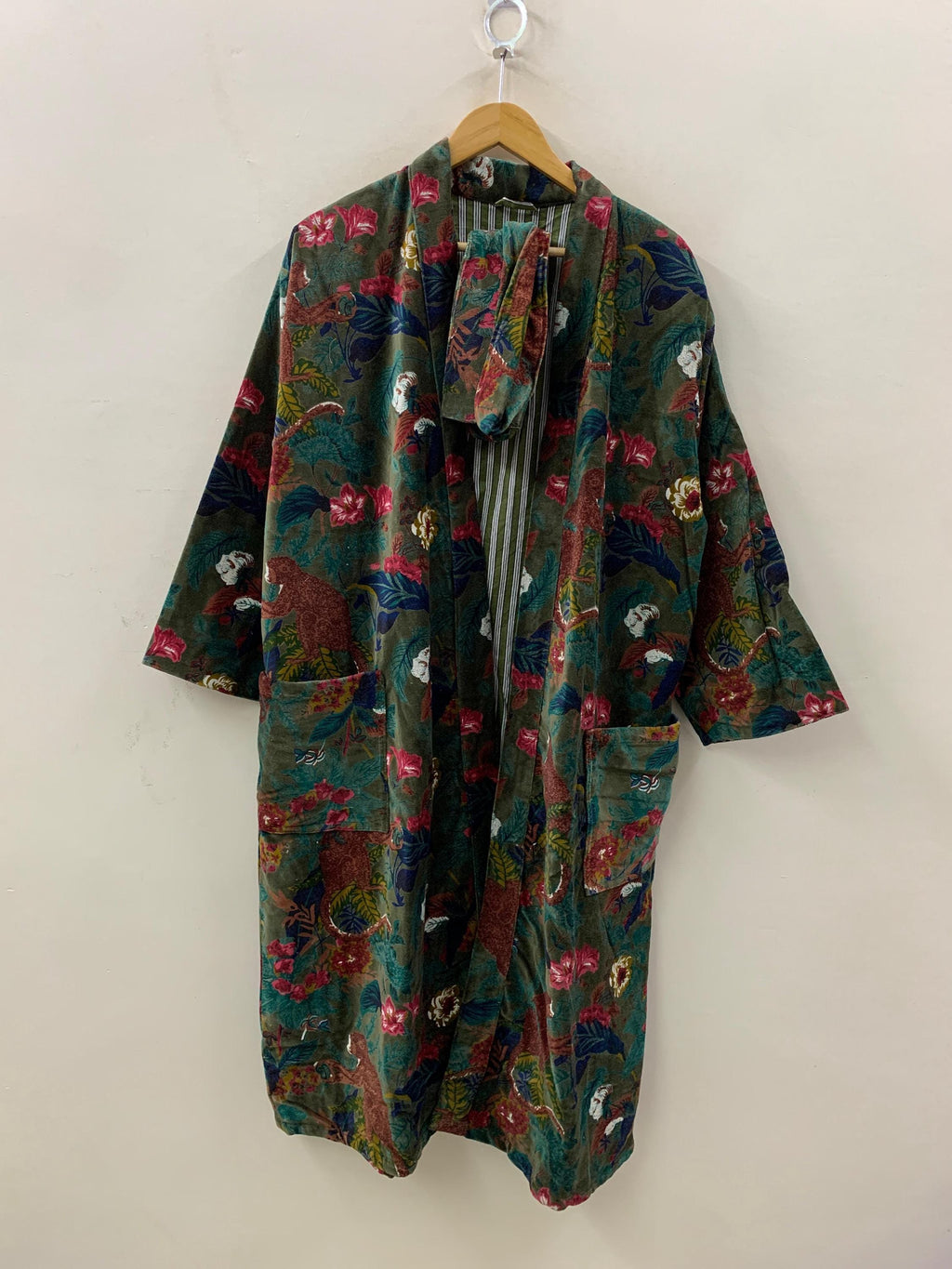 Green Velvet Kimono Robe – Jungle Animal Print Boho Duster | Monkeys & Floral Pattern | Long Bohemian Jacket | Loungewear,  Festival Outfit
