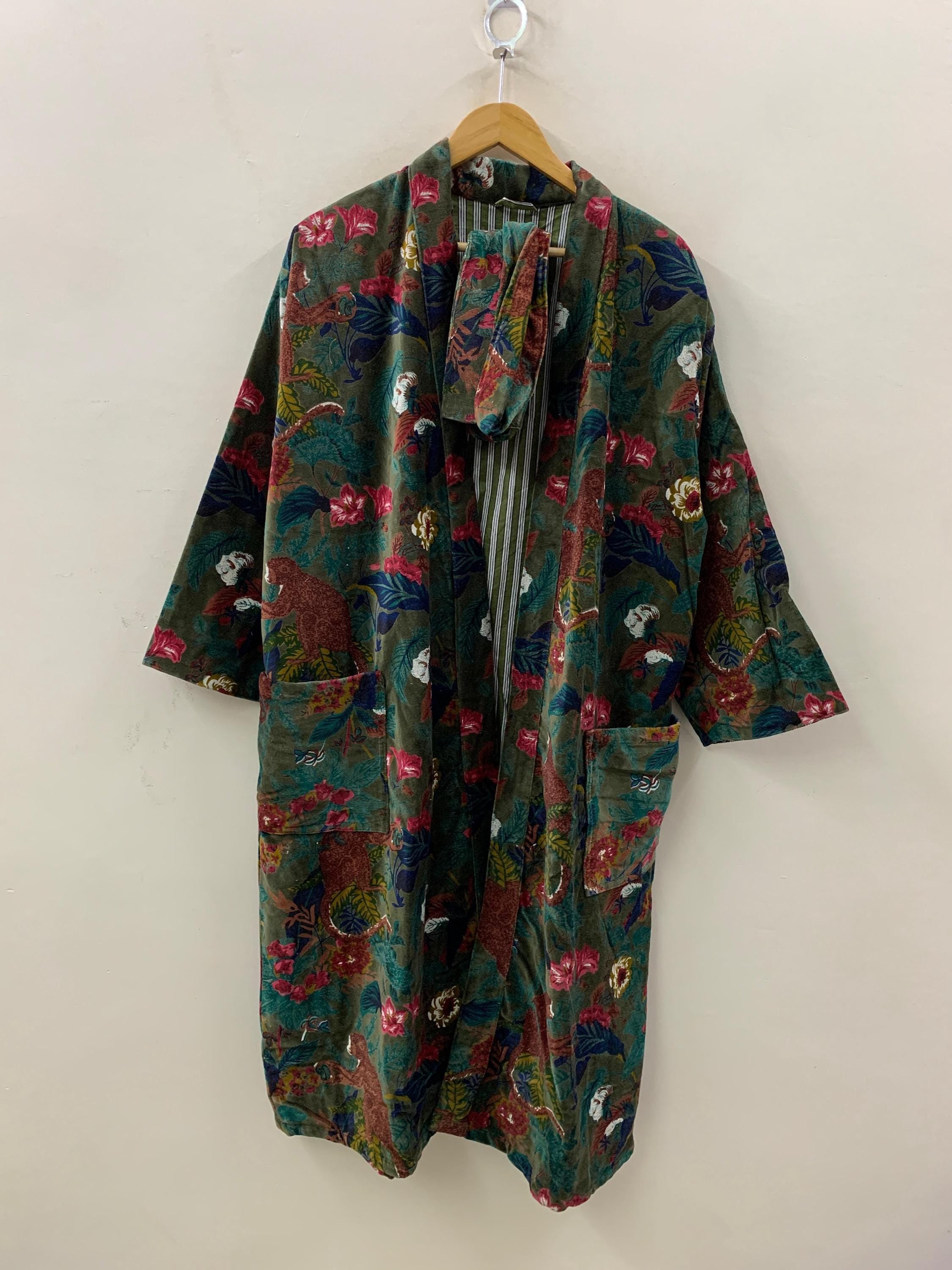 Green Velvet Kimono Robe – Jungle Animal Print Boho Duster | Monkeys & Floral Pattern | Long Bohemian Jacket | Loungewear,  Festival Outfit