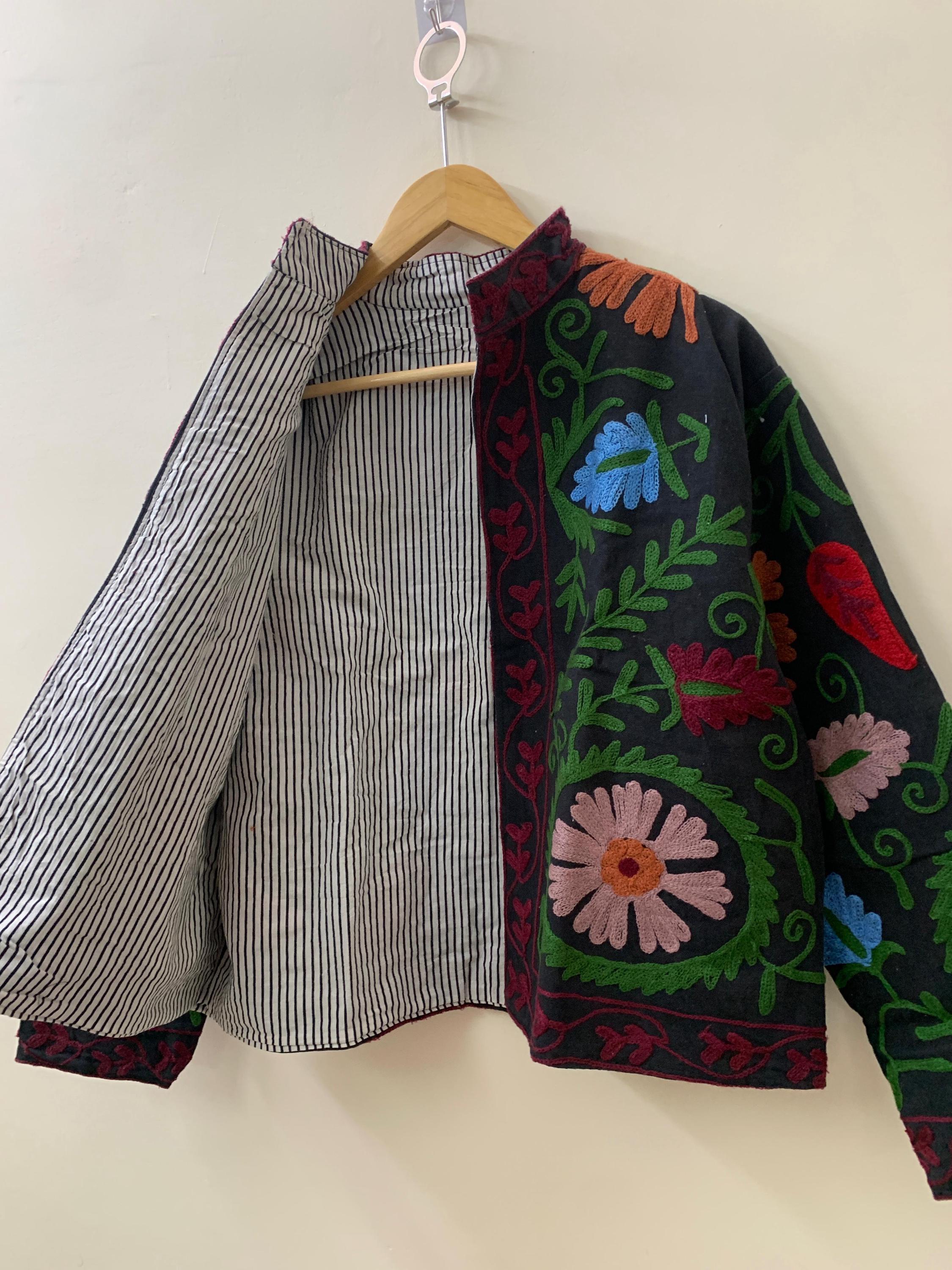 Traditional Suzani Embroidered Velvet Jacket | Winter Kimono Robe | Ethnic Vintage Outerwear | Unisex Duster Coat |Boho Jacket |Gift For Her