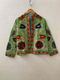 Green Suzani Cotton Short Coat, Women's Jacket, Indian Cotton Handmade Embroidery Coat, Suzani Cotton Boho Jacket, Gift For Her, Suzani Coat