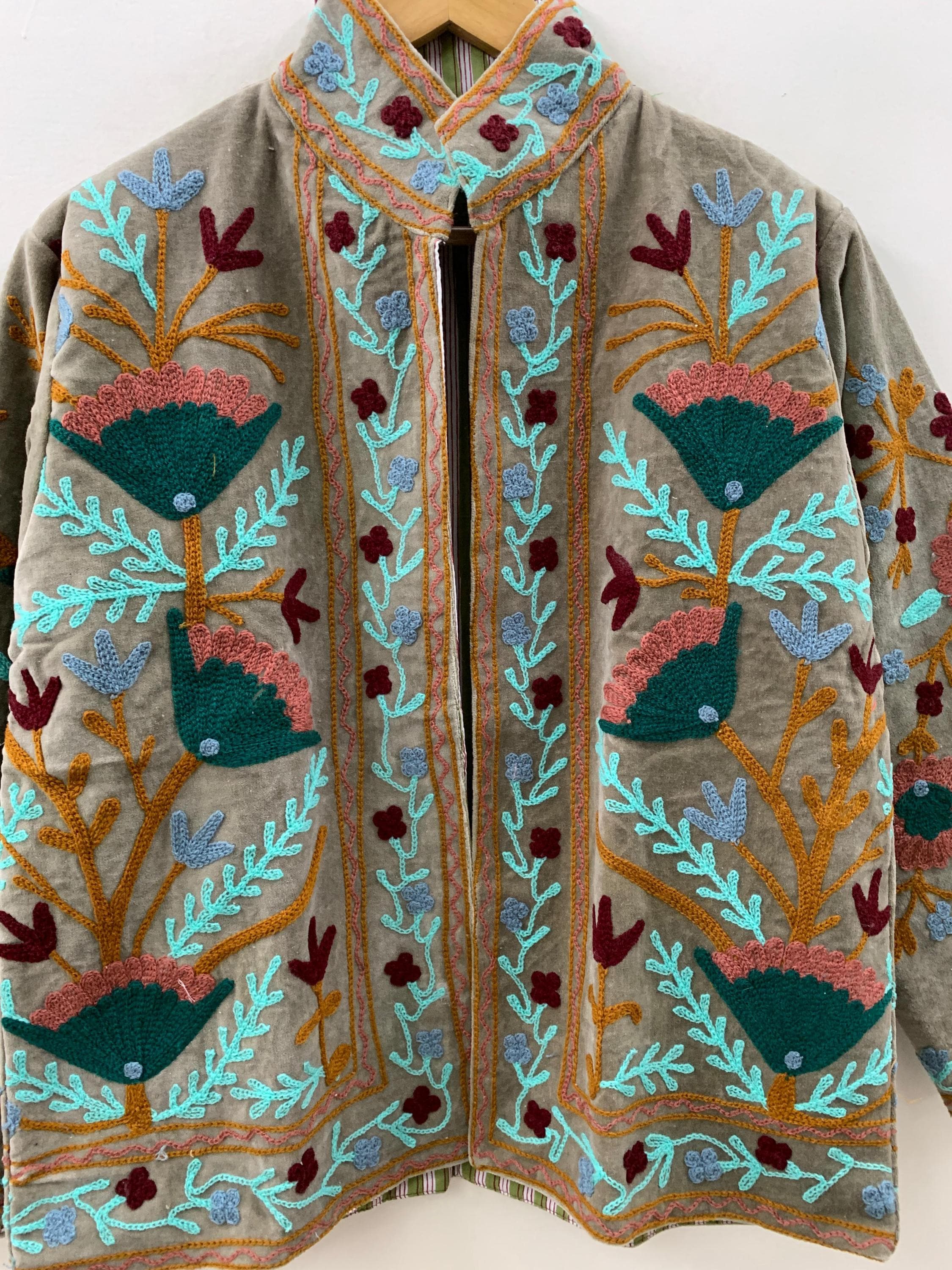 Embroidered Suzani Fabric Short Velvet Jacket | Button Winter Coat | Short Jacket | Spring Bomber Jacket | Gift For Her | Velvet Coat