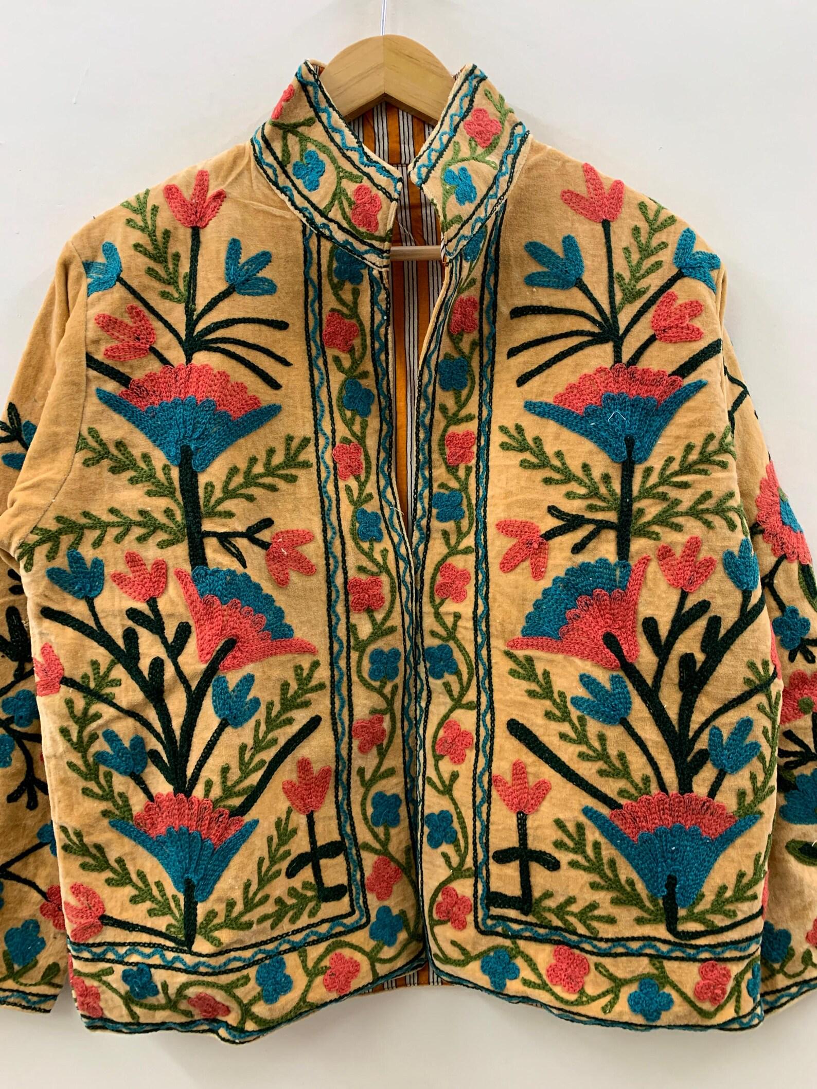 Velvet Suzani With Pocket Winter Short Jacket | Boho Floral Jacket | Bomber Jacket | Winter Warmed Coat | Gift For Her | Spring Jacket