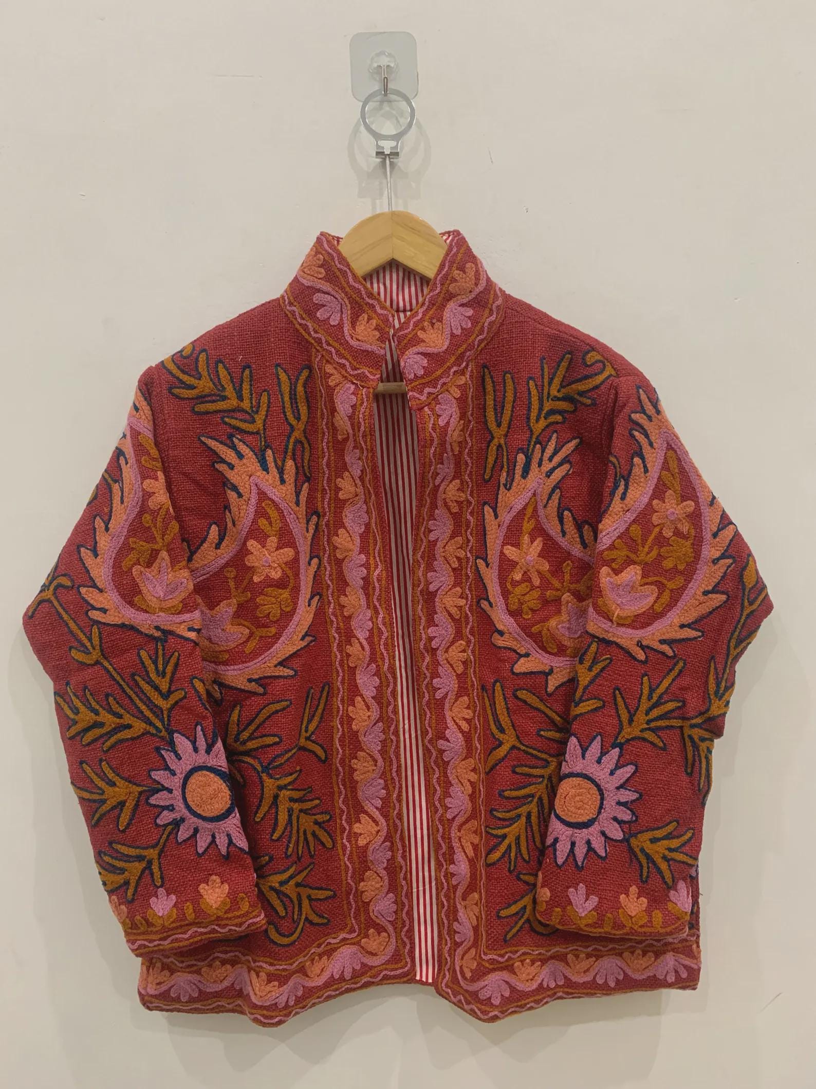 Red Cotton Suzani Hand Embroidered Jacket: Boho Ethnic Clothing, Embroidery Coat, Suzani Cotton Boho Jacket, Gift For Her, Boho Suzani Coat
