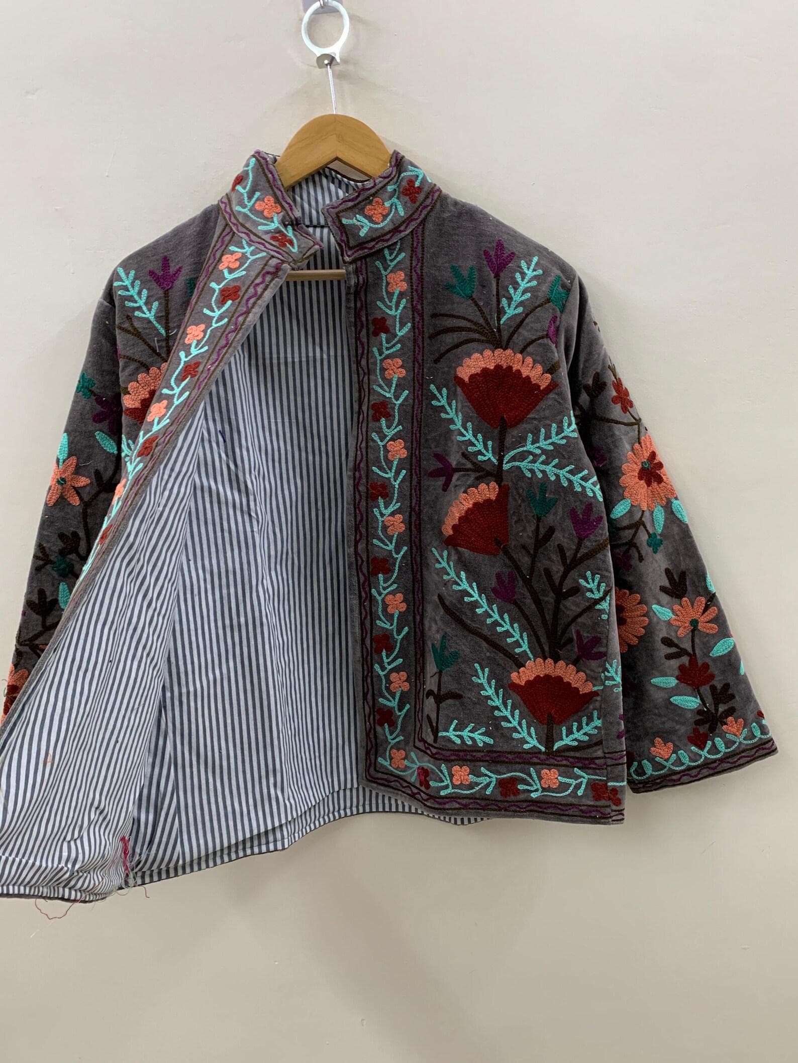 Velvet Embroidery Suzani Jacket | Indian Style Boho Coat | Unisex Bridesmaid Gift | Winter Jacket | Kimono Robe, Duster Jacket, Gift For Her