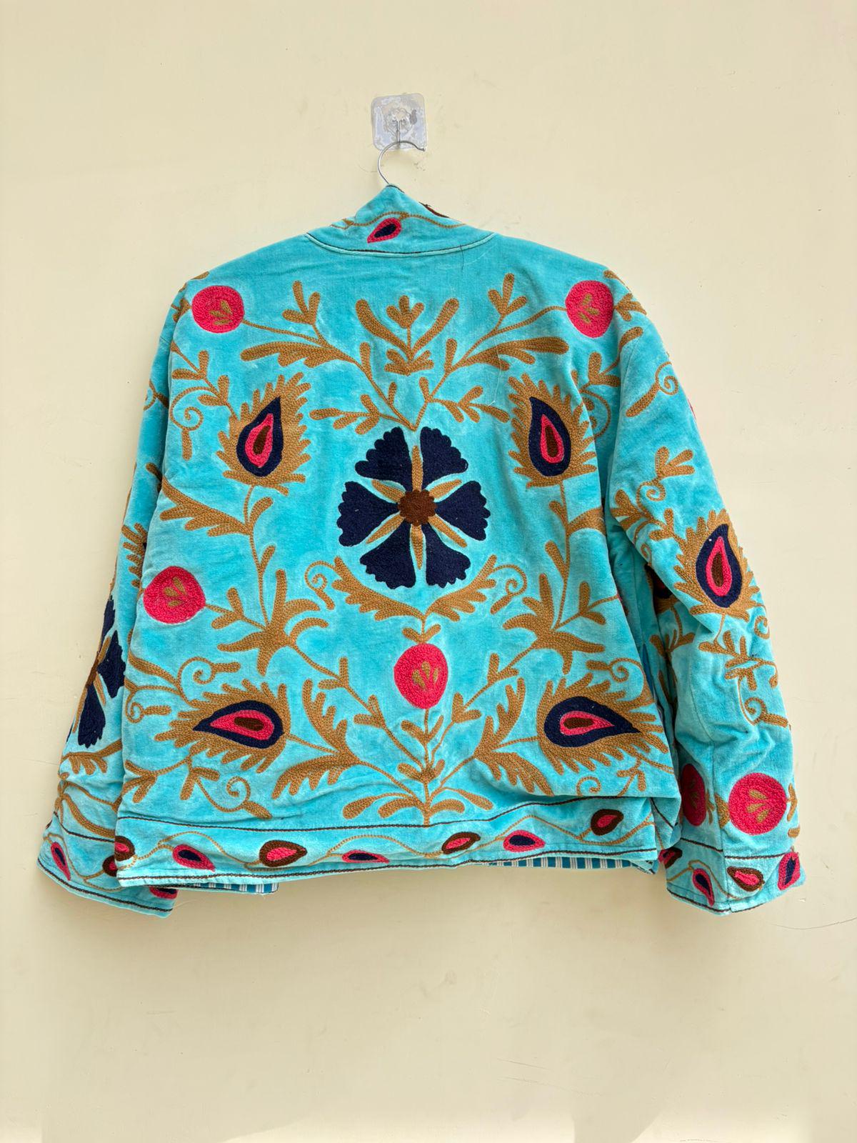 Blue Bohemian Suzani Velvet Artisan Jacket | Embroidered Traditional Coat | Ethnic Kimono Outerwear | Oversize Winter Jacket | Gift for Her