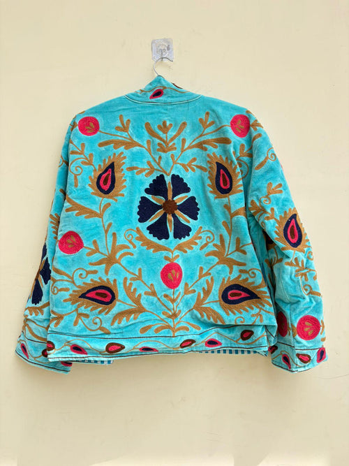 Blue Bohemian Suzani Velvet Artisan Jacket | Embroidered Traditional Coat | Ethnic Kimono Outerwear | Oversize Winter Jacket | Gift for Her
