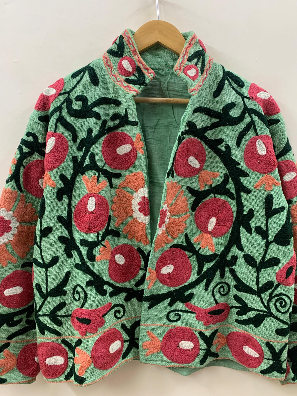 Green Suzani TNT Fabric Short Boho Jacket | Long Sleeve Button Winter Coat | Short Jacket | Spring Bomber Jacket | Gift For Her | TNT Coat