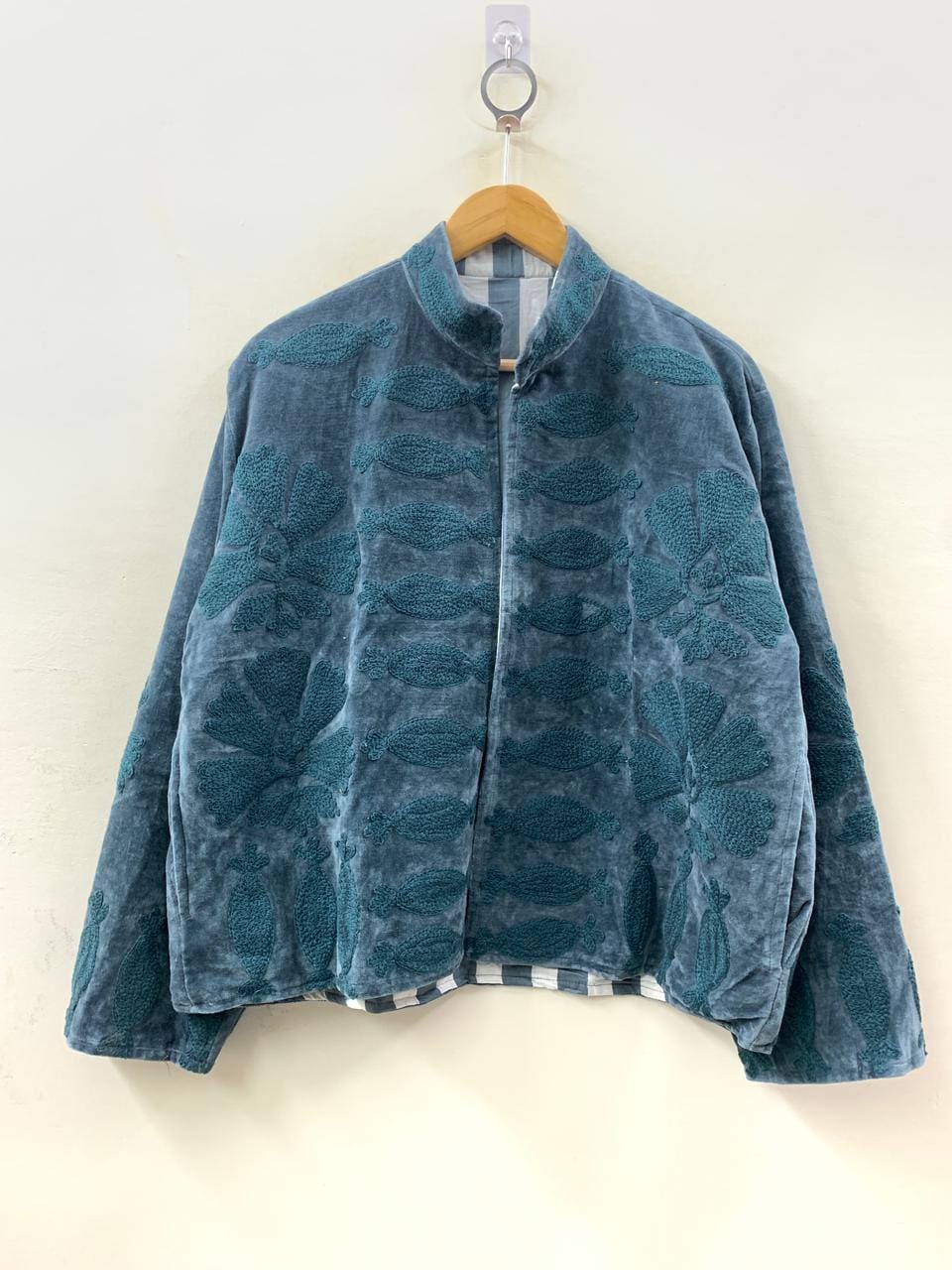 Grey Handmade Velvet Suzani Winter Short Jacket |Boho Floral Jacket | Bomber Suzani Jacket | Winter Warmed Coat | Gift For Her | Duster Coat