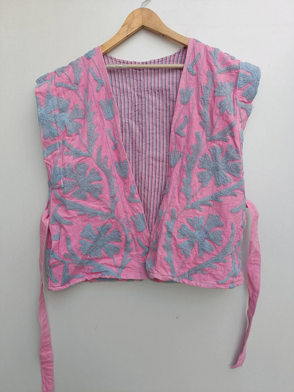 Velvet Suzani Embroidered Vest with Belt – Pink & Blue Boho Festival Waistcoat | Handmade Ethnic Jacket | Sleeveless Bohemian Layer