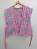 Velvet Suzani Embroidered Vest with Belt – Pink & Blue Boho Festival Waistcoat | Handmade Ethnic Jacket | Sleeveless Bohemian Layer