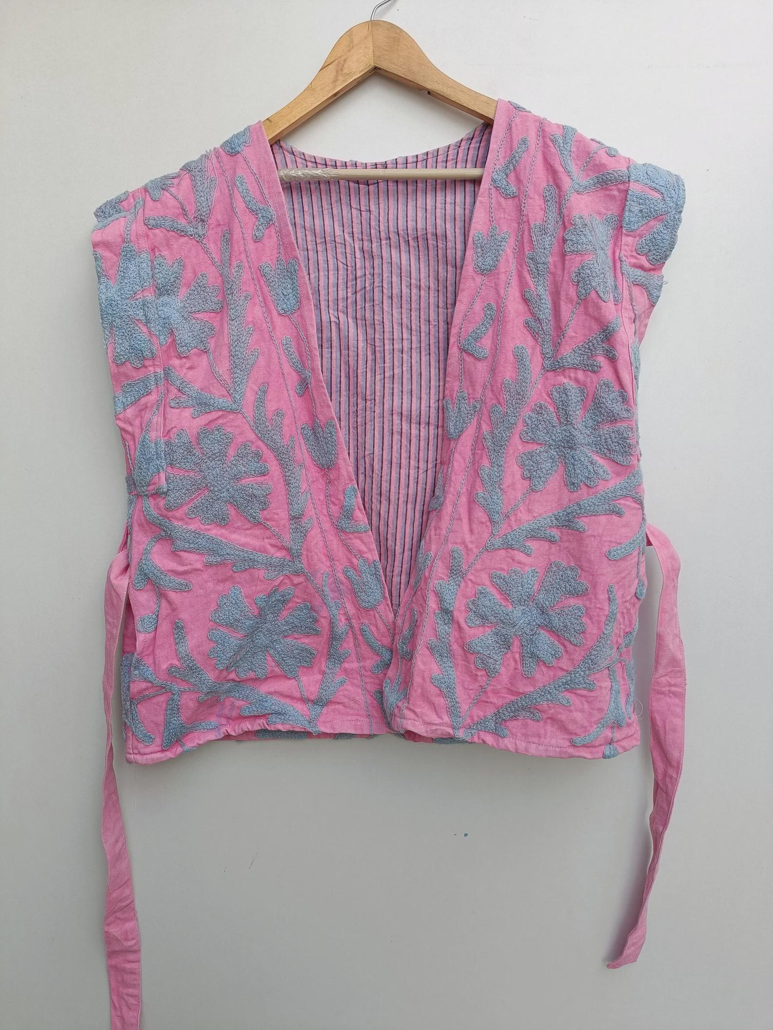 Velvet Suzani Embroidered Vest with Belt – Pink & Blue Boho Festival Waistcoat | Handmade Ethnic Jacket | Sleeveless Bohemian Layer