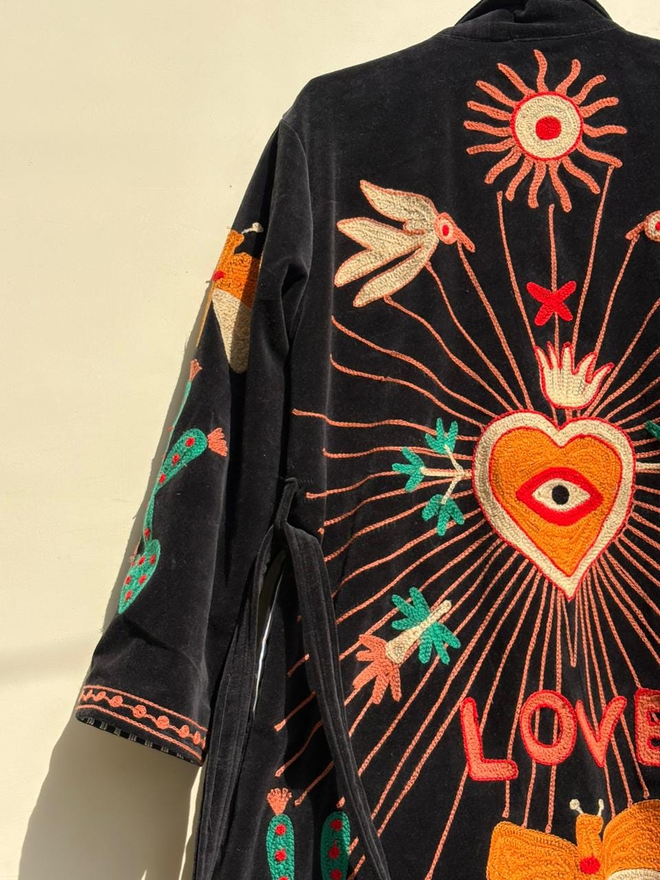 Black Suzani Velvet Kimono |Unisex Bohemian Overcoat | Vintage Kimono Jacket |Hand Embroidered Winter Wear Kimono Jacket | Bohemian Overcoat