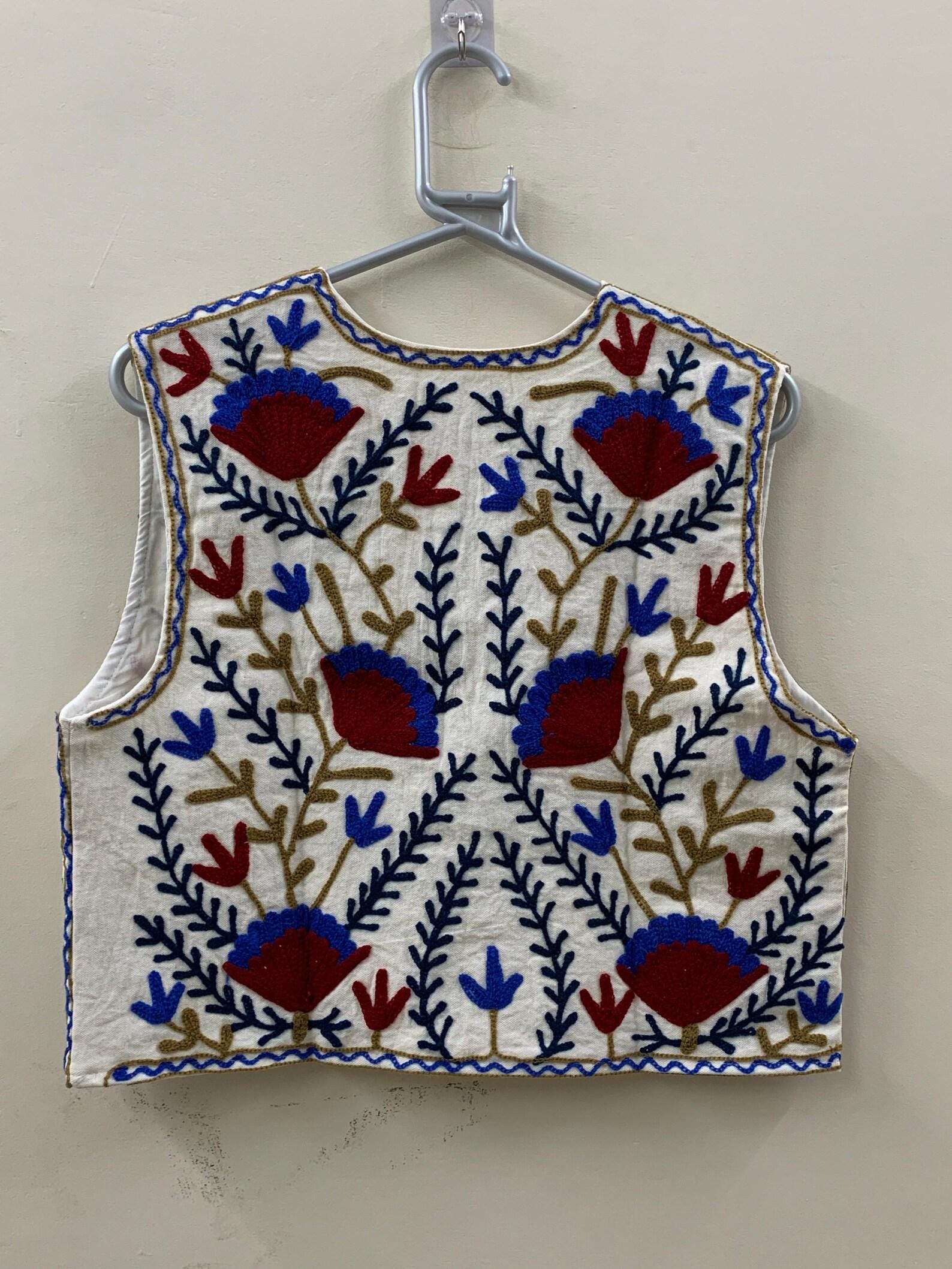 Handmade Suzani Embroidered Cotton Vest | Turkish Boho Floral Waistcoat | Vintage Suzani Jacket | Bohemian Layering Vest | Gift for Her