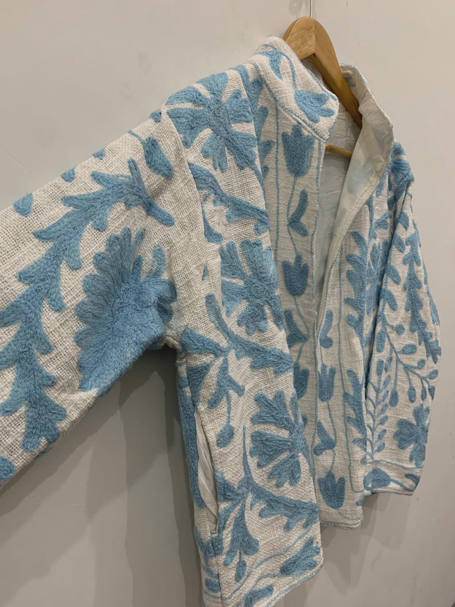 Women's Suzani Cotton Short Duster Coat, Indian Cotton Handmade Embroidery Coat, Suzani Cotton Boho Jacket, Gift For Her, Boho Suzani Coat