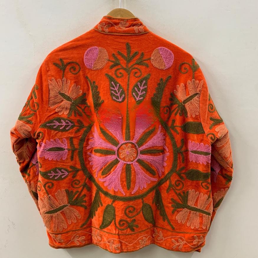 Red Embroidered Velvet Suzani Duster Jacket | Indian Style Coat  | Unisex Jacket | Bridesmaid Winter Jacket | Kimono Jacket, Bomber Jacket