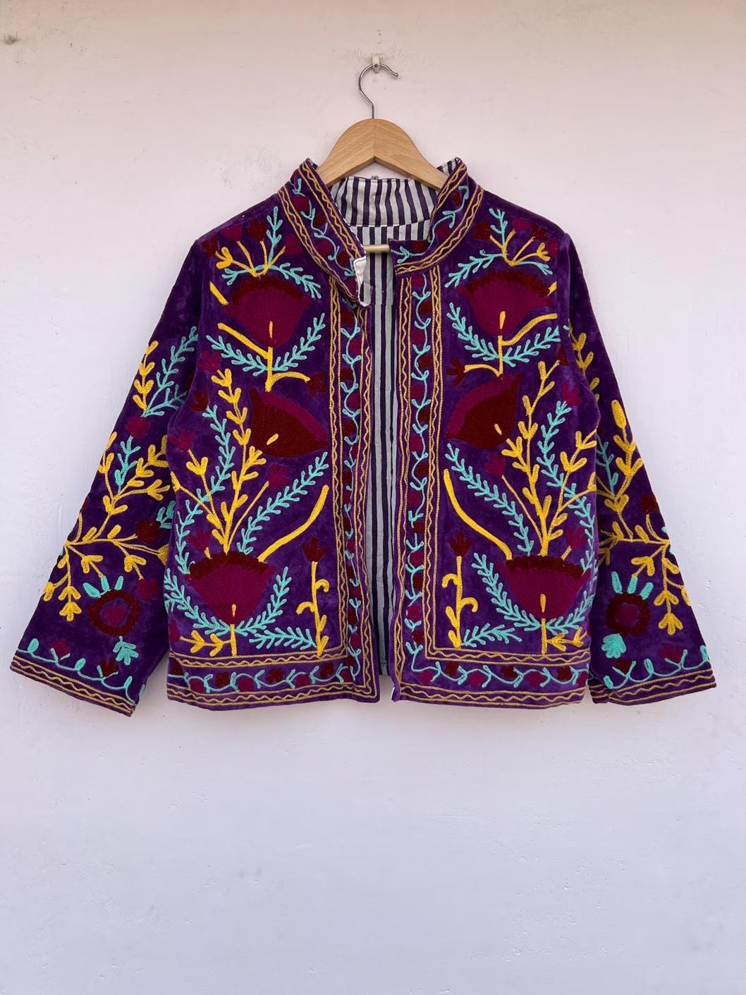 Embroidered Velvet Suzani Jacket, Bohemian Floral Coat, Gift For Her