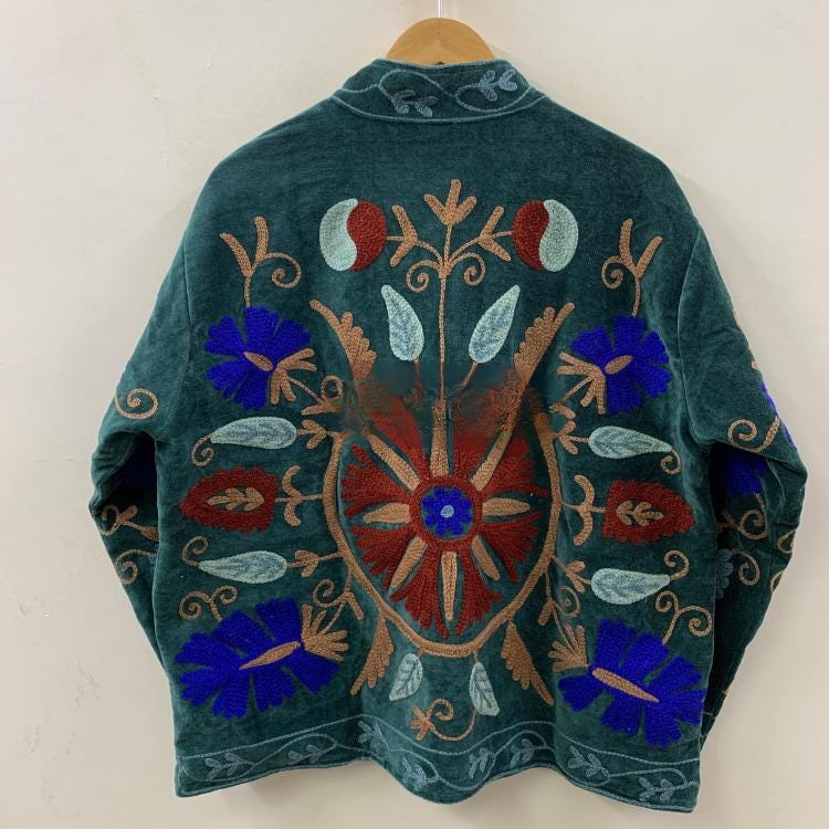 Boho Suzani Velvet Cropped Jacket | Traditional Winter Kimono Coat | Ethnic Short Festival Outerwear | Gift for Women