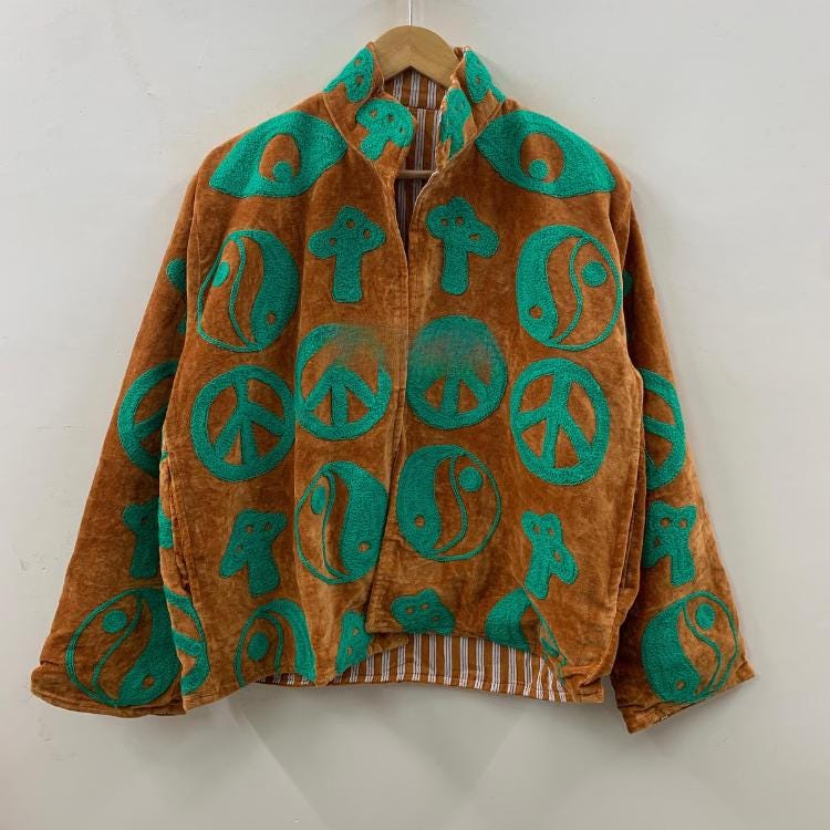 Mustard Velvet Suzani Short Jacket | Boho Embroidered Coat with Peace & Yin-Yang Motifs | Gift For Her |Winter Jacket |Ethnic Artisan Jacket