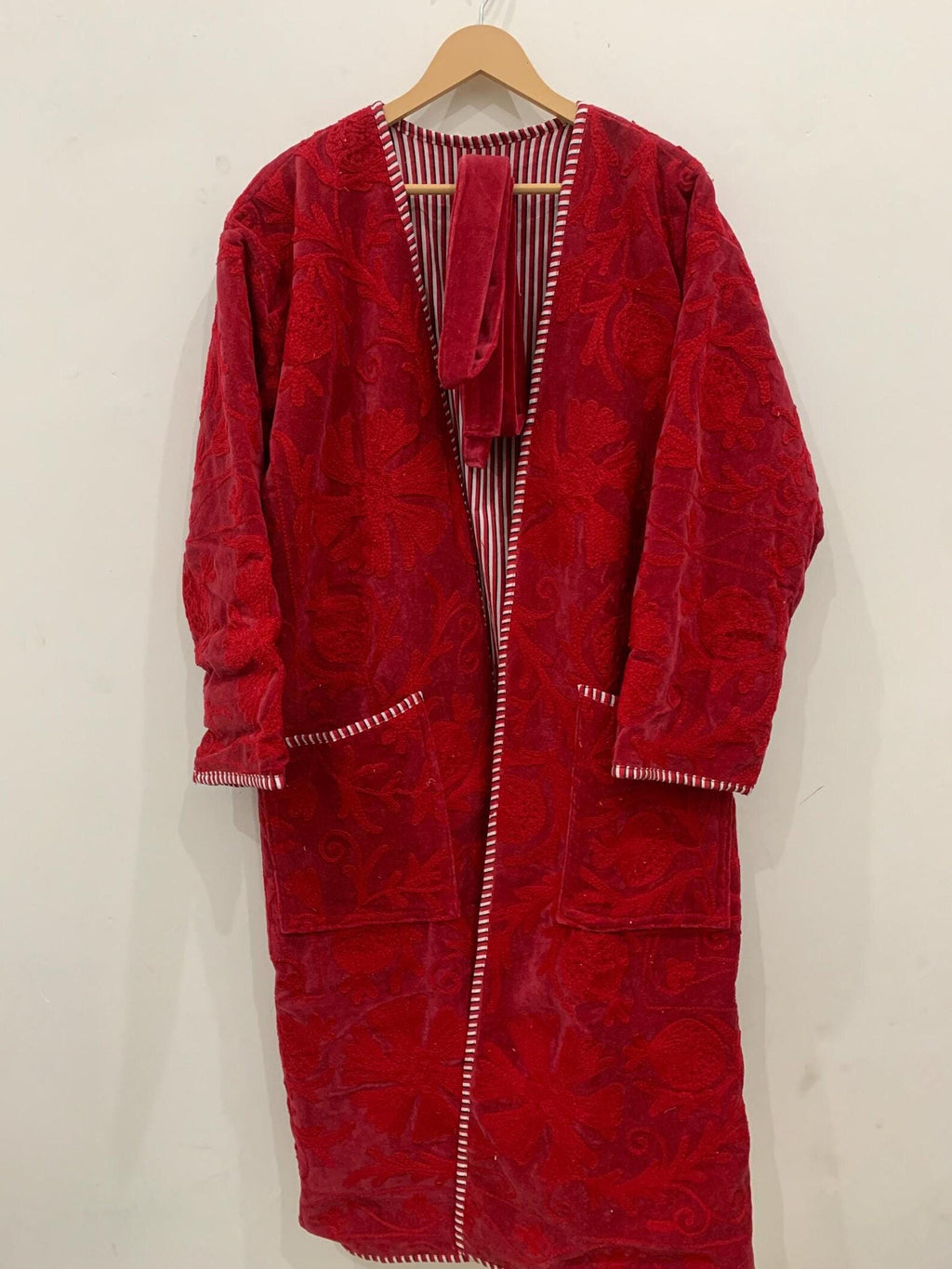 Red Long Suzani Kimono Robe | Boho Embroidered Duster | Vintage Uzbek Coat | Handmade Festival Kimono | Bohemian Robe Jacket | One of a Kind