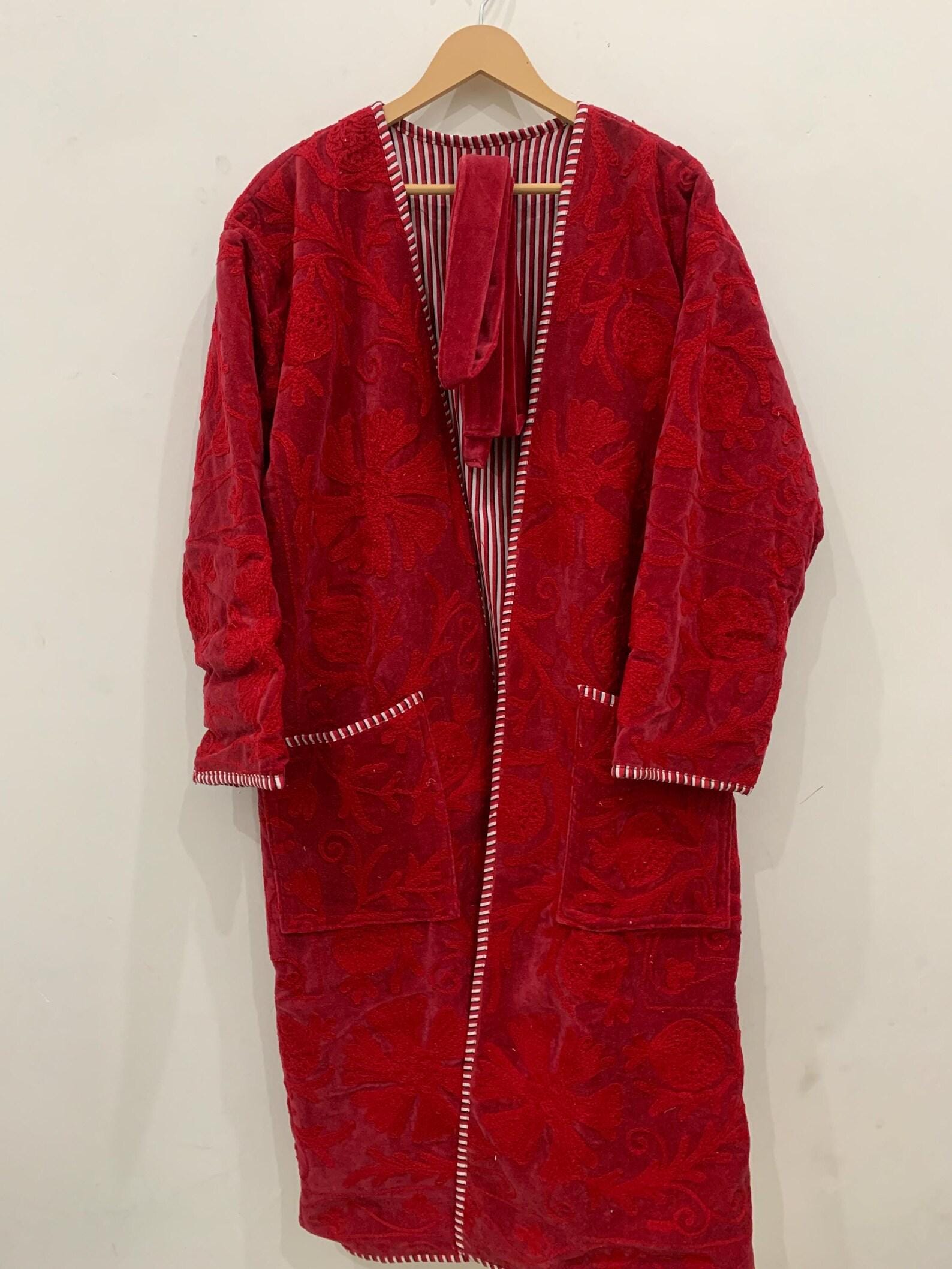 Red Long Suzani Kimono Robe | Boho Embroidered Duster | Vintage Uzbek Coat | Handmade Festival Kimono | Bohemian Robe Jacket | One of a Kind