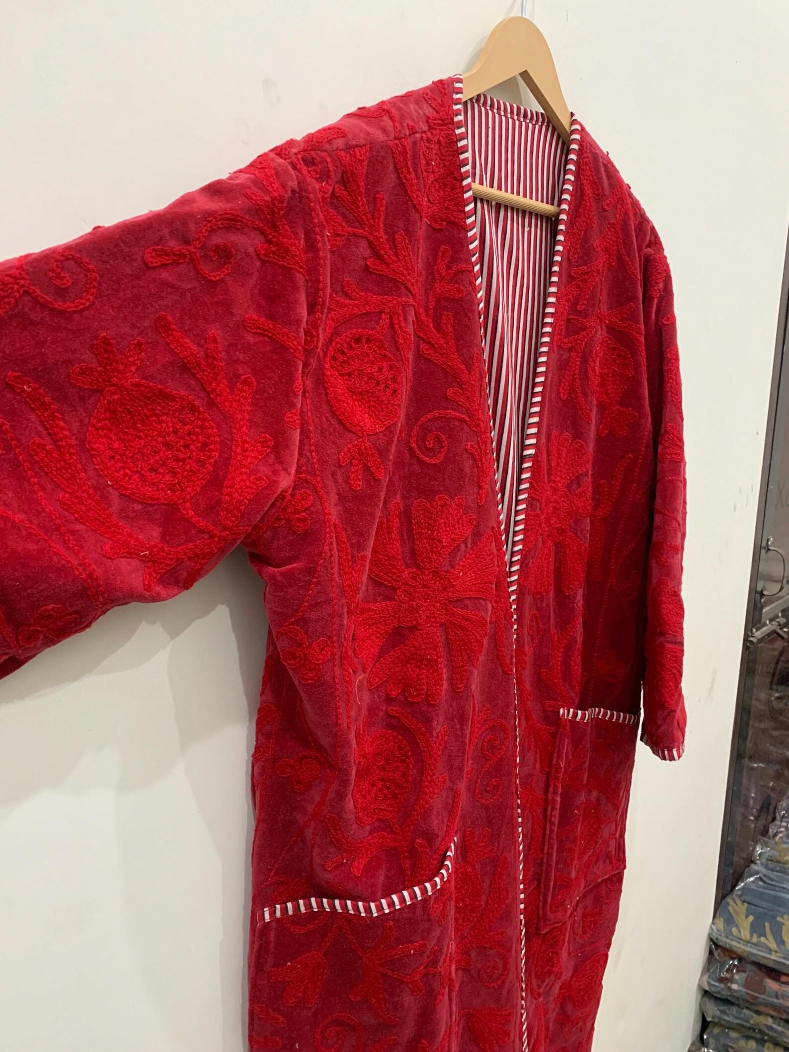 Red Long Suzani Kimono Robe | Boho Embroidered Duster | Vintage Uzbek Coat | Handmade Festival Kimono | Bohemian Robe Jacket | One of a Kind