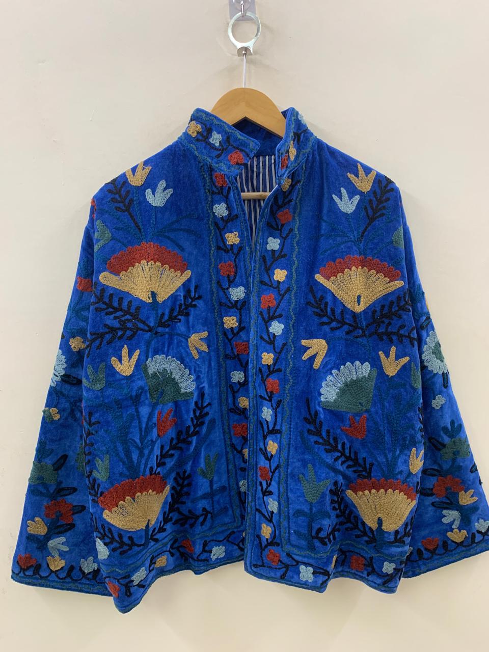 Blue Suzani Velvet Fabric Short Boho Jacket | Long Sleeve Button Winter Coat | Short Jacket | Spring Bomber Jacket | Gift For Her | Coat