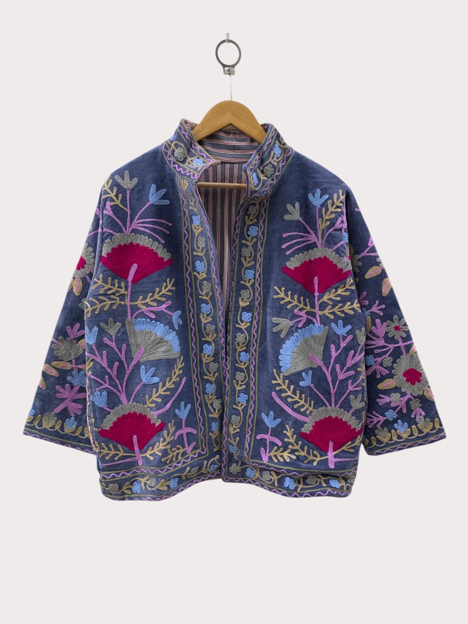 Uzbek Suzani Velvet Jacket | Hand Embroidered Floral Coat | Bohemian Festival Outerwear | Vintage Women’s Blazer