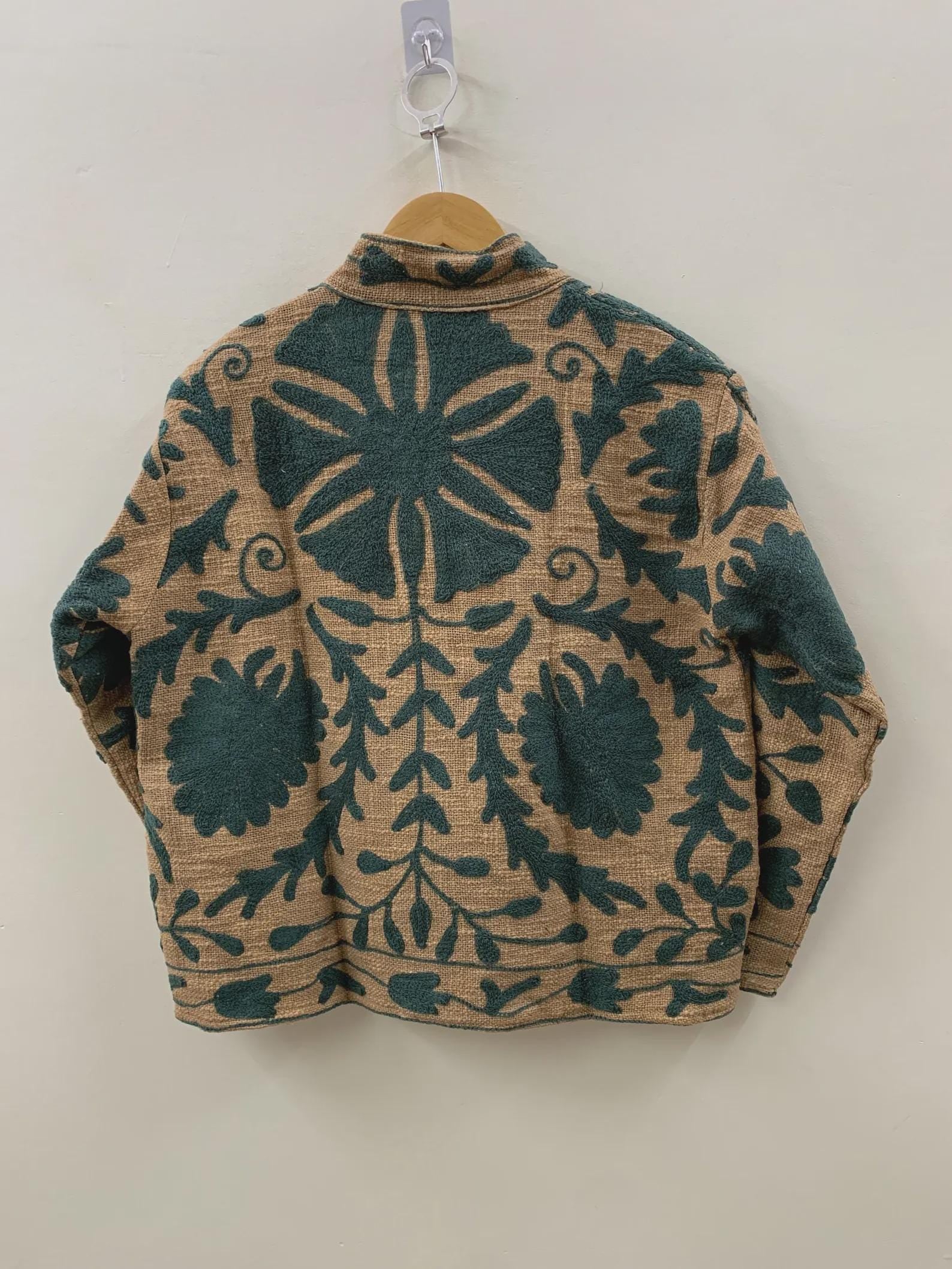 Beige Cotton Suzani Winter Short Jacket | Cotton Spring Jacket | Suzani Bomber Vintage Floral Boho Jacket | Gift For Her | Outerwear