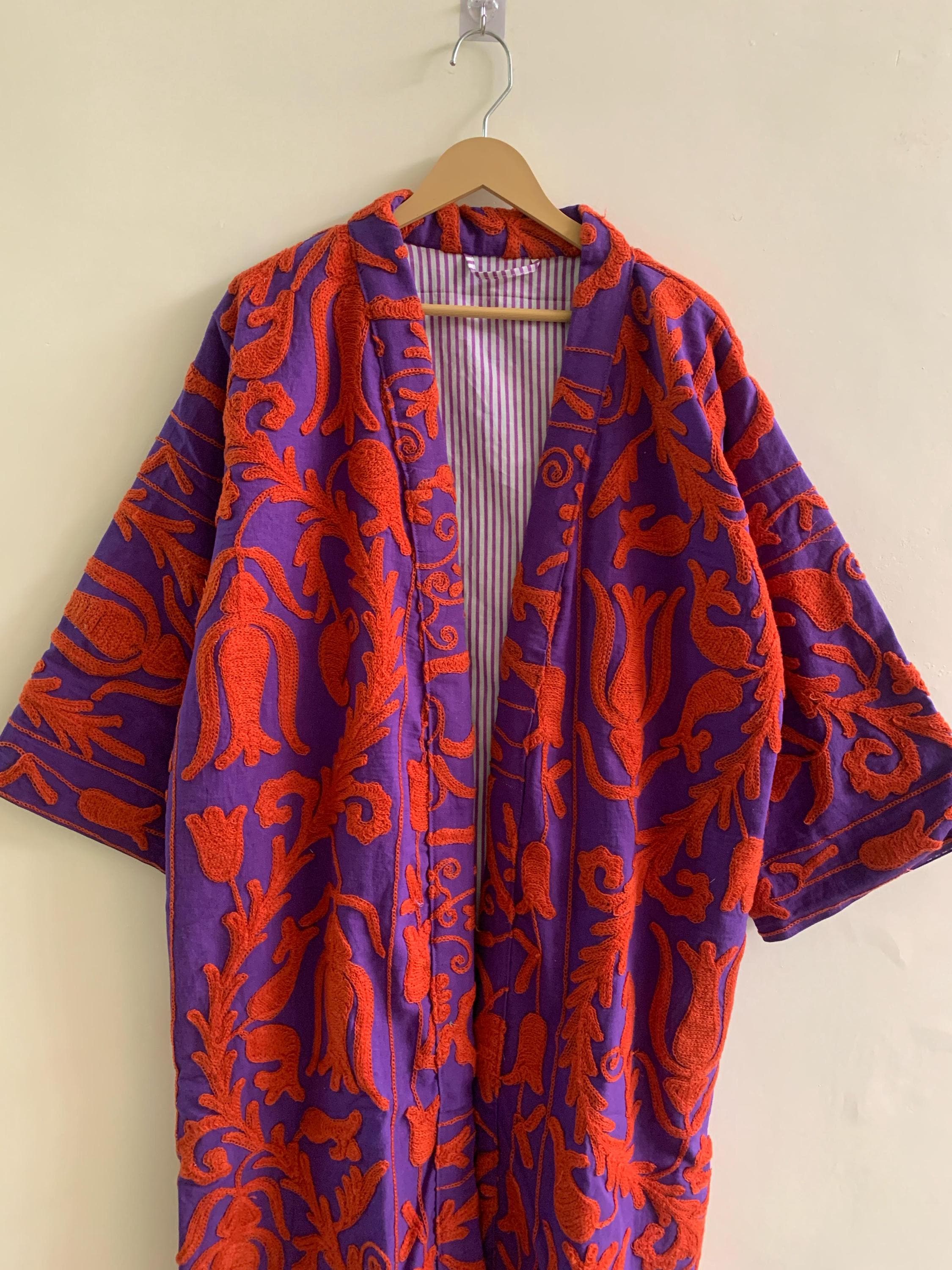 Embroidered Kimono | Unisex Kimono Jacket | Cotton Canvas Robe | Beach Cover Up | Gift for Her| Purple & Red Festival Jacket | Gift For Her