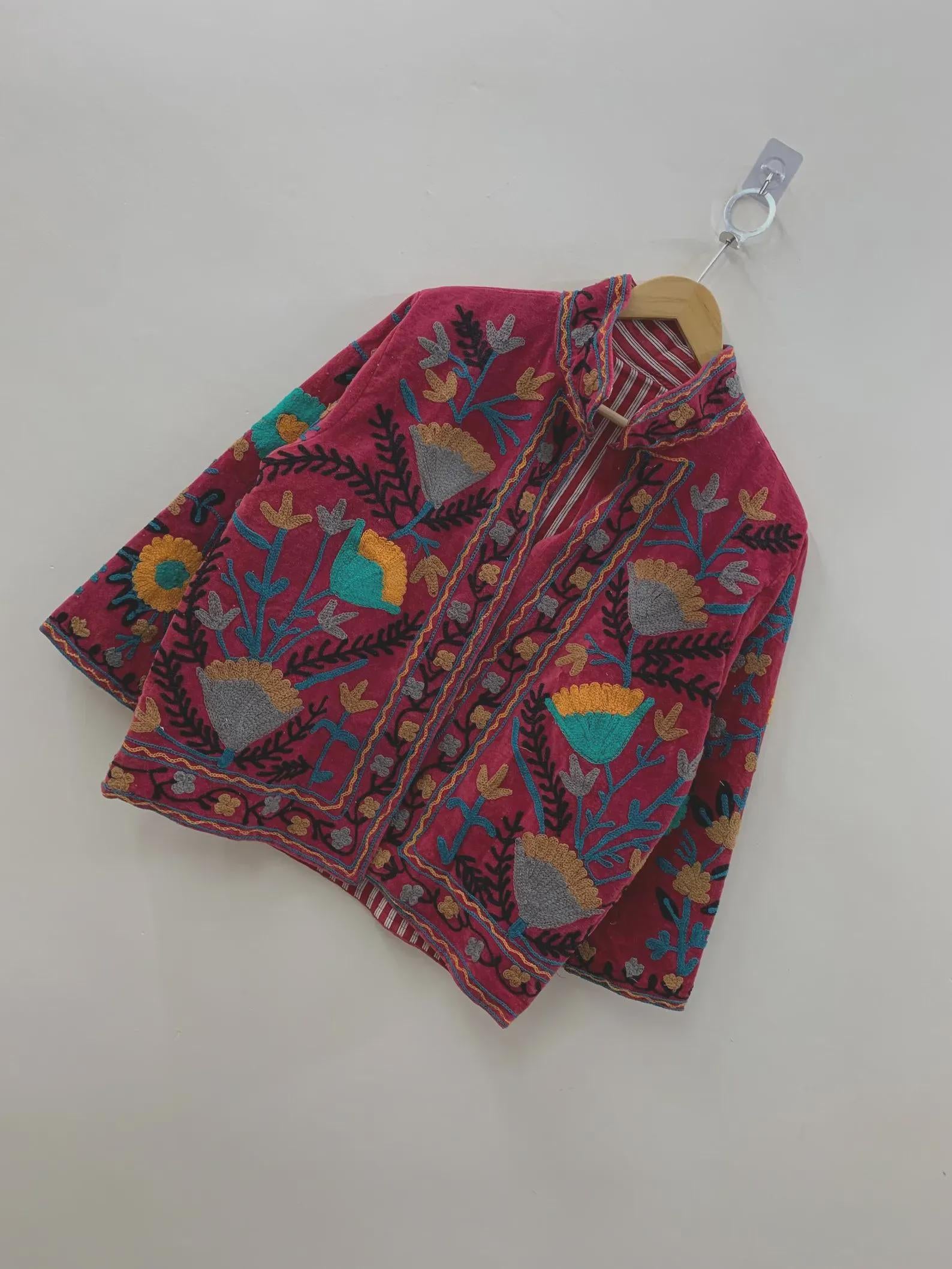 Embroidered Velvet Suzani Duster Jacket | Indian Style Coat | Unisex Kimono Jacket | Long Bomber Jacket | Bridesmaid Winter Statement Coat
