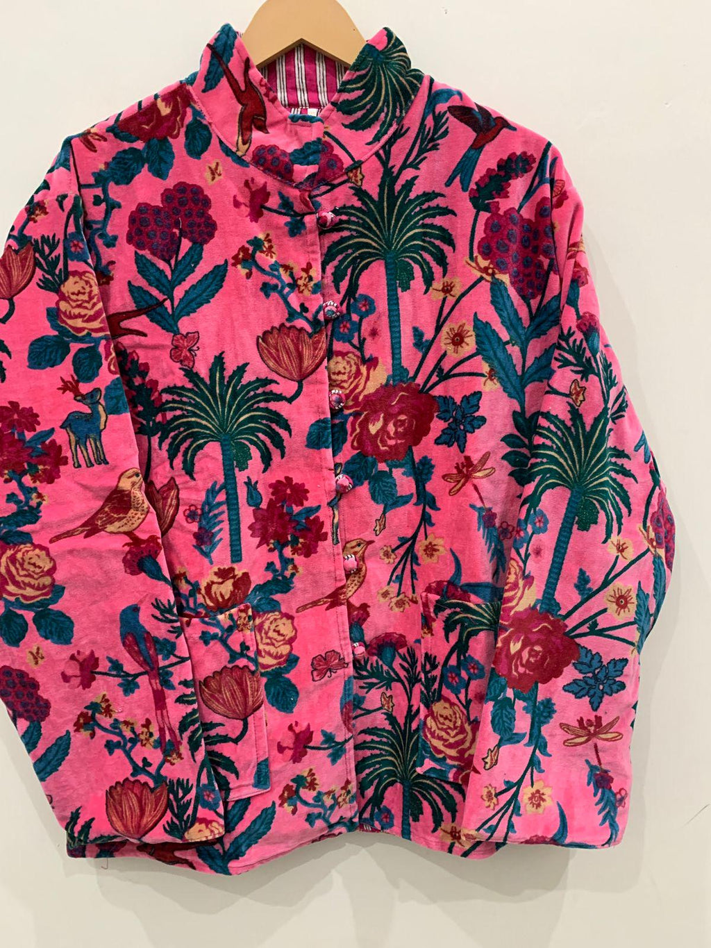 Pink Floral Print Velvet Short Jacket |Front Open Button Jacket | Duster Jacket, Quilted Bomber Coat, Outerwear, Travel Jacket, Gift For Her
