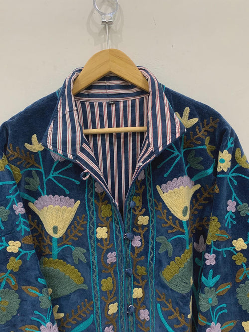 Blue Velvet Suzani Hand Embroidered Jacket | Kimono Jacket | Winter Jacket | Unisex Coat | Vintage Jacket | Warm Outerwear | Gift for Her