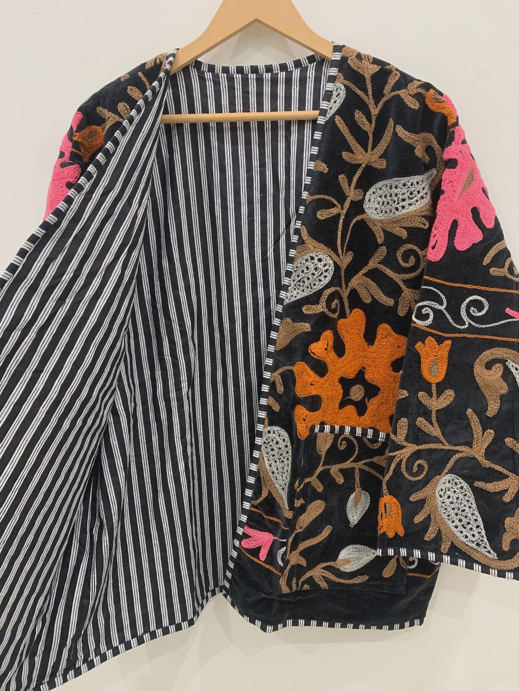 Velvet Suzani Embroidered Kimono Jacket: Handmade Indian Short Coat | Gift For Her