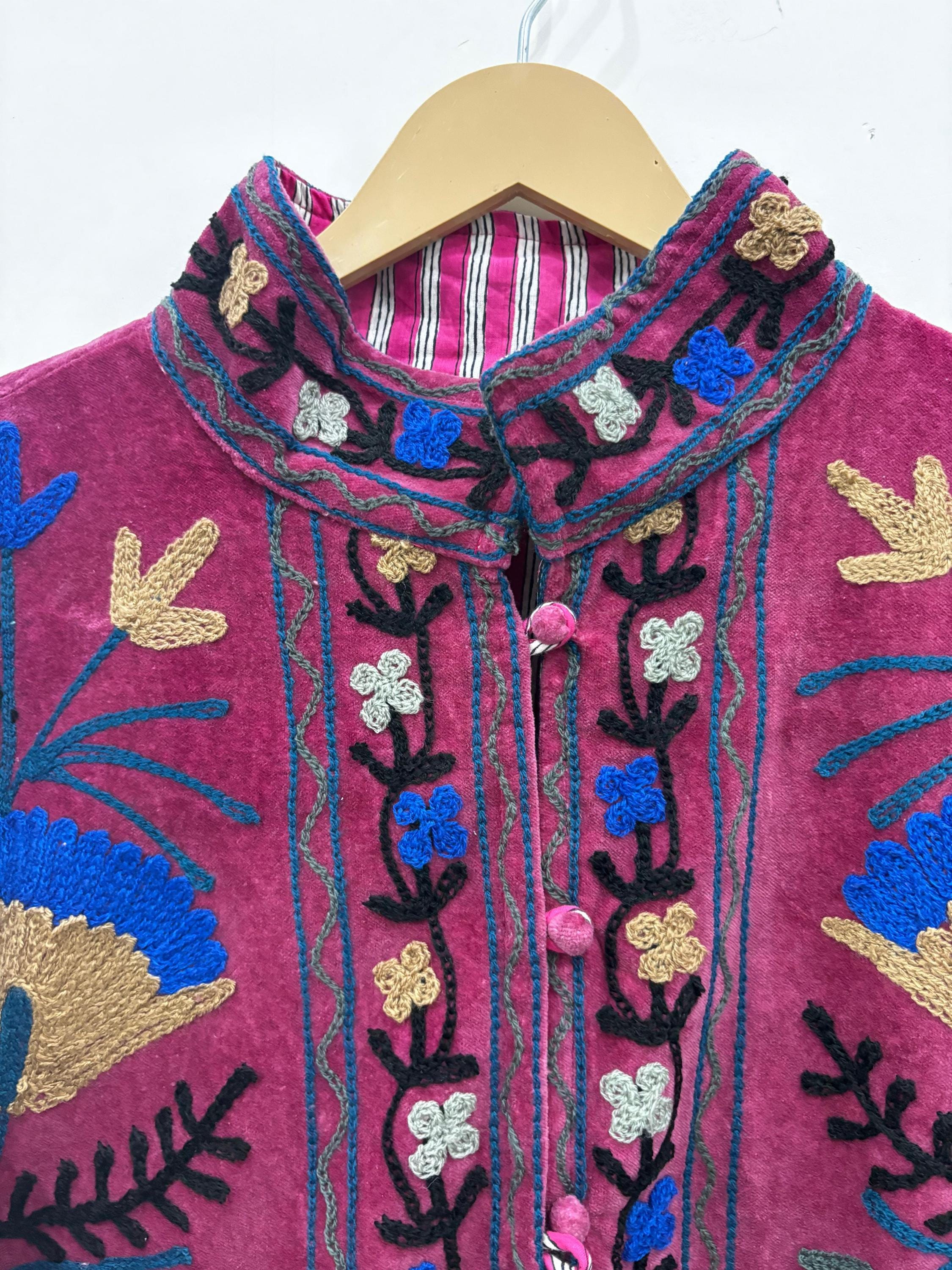 Floral Suzani Velvet Short Button Jacket – Boho Embroidered Coat- Winter Coat - Uzbek Travel Jacket, Festival Style Outerwear -Street Coat