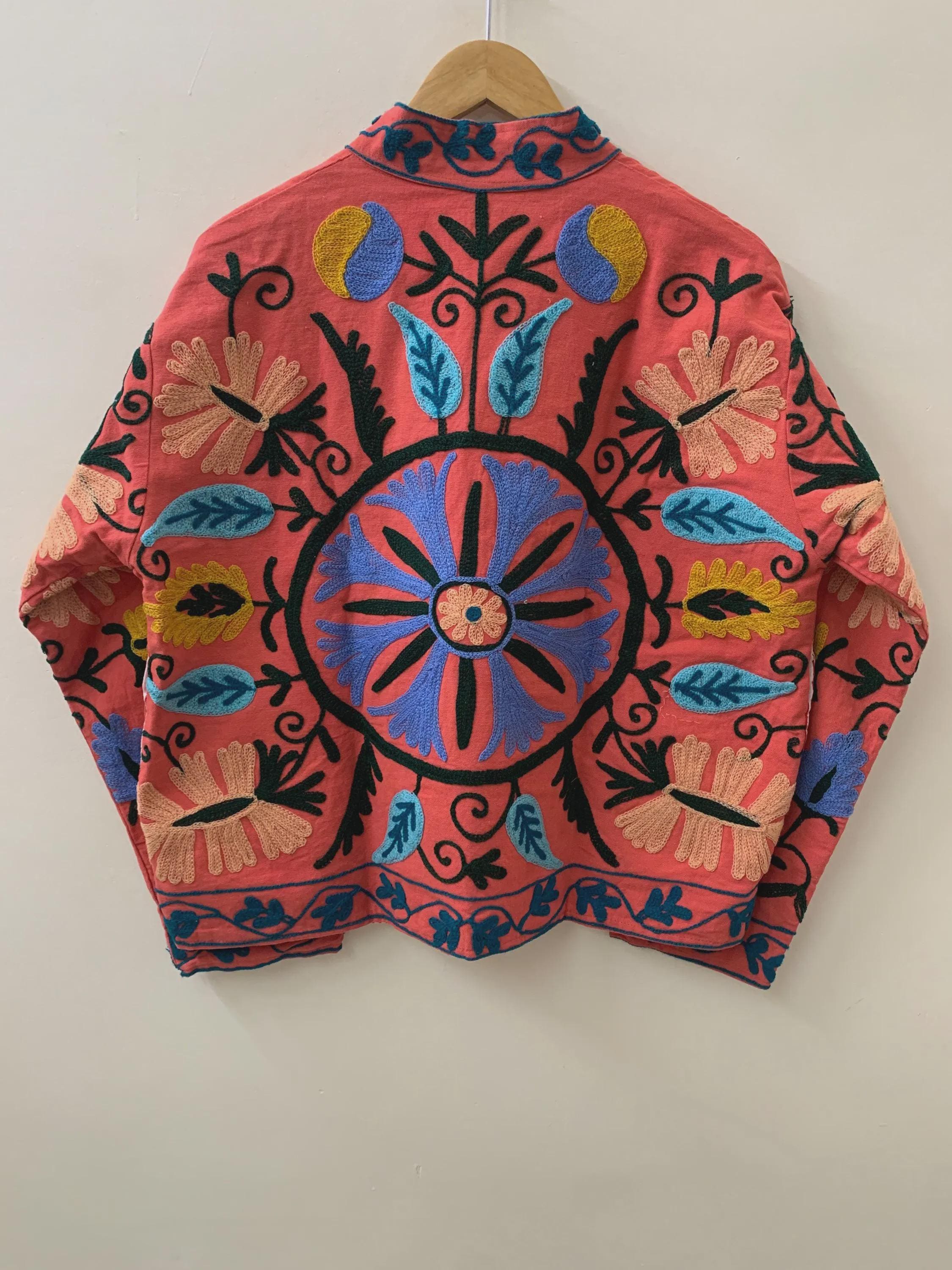 Handmade Suzani Cotton Short Coat, Women's Jacket, Indian Cotton Embroidery Coat, Suzani Cotton Boho Jacket, Gift For Her, Boho Suzani Coat