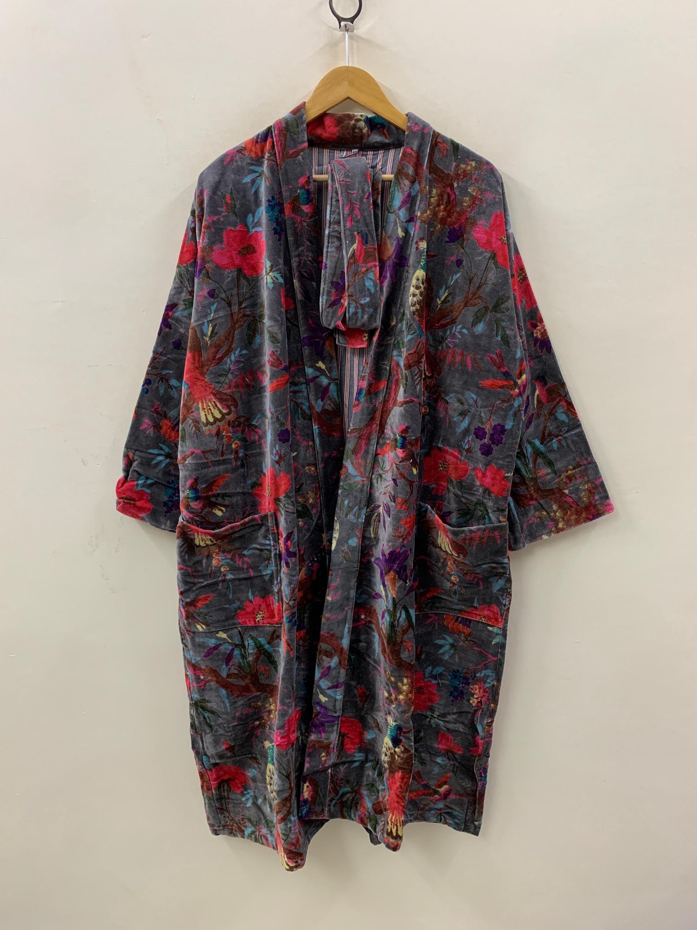 Velvet Floral Kimono Robe | Bohemian Loungewear | Vintage Wrap Robe with Belt | Women’s Boho Dressing Gown | Resort Wear | Gift For Wife