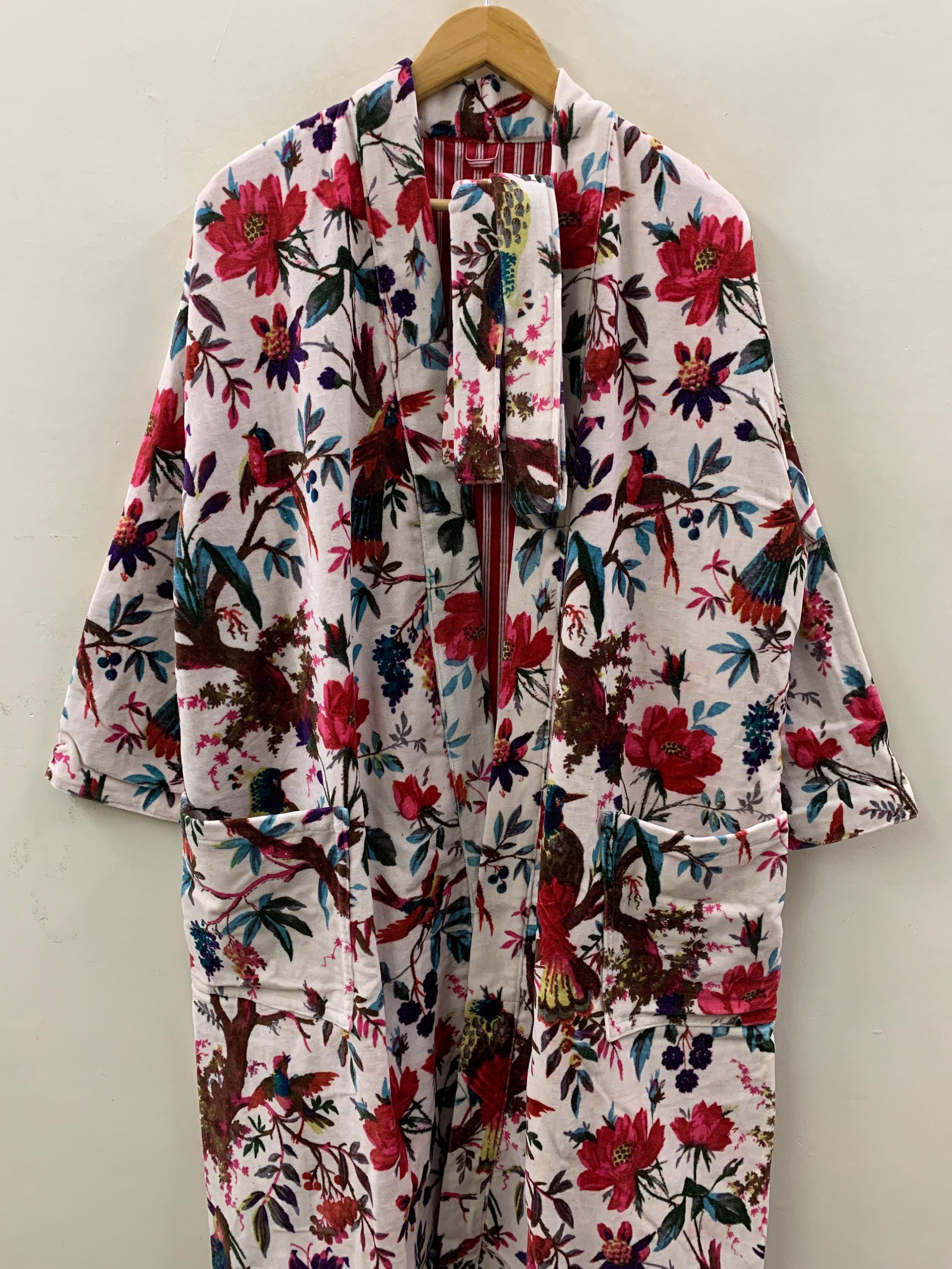 Floral Velvet Winter Kimono Robe | Boho Lounge Wear | Pink Botanical Print Winter Robe with Belt | Women’s Warm Dressing Gown | Gift for Her