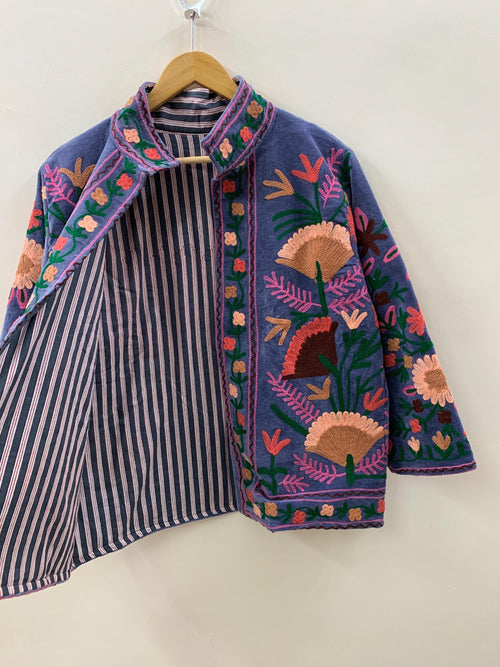 Boho Suzani Embroidered Velvet Jacket | Handmade Short Festival Coat | Ethnic Bohemian Outerwear | Winter Kimono Jacket | Gift For Wife