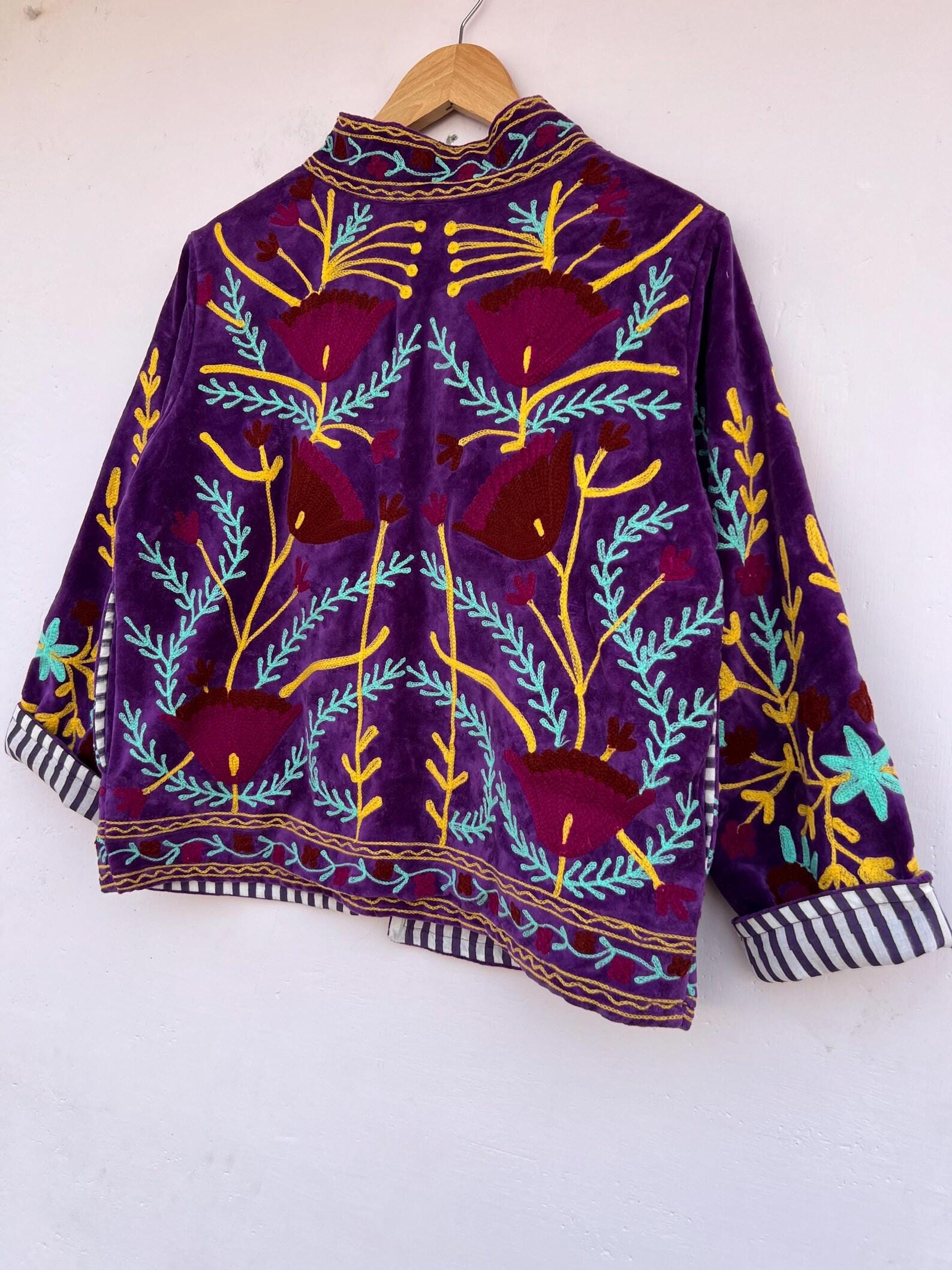 Embroidered Velvet Suzani Jacket, Bohemian Floral Coat, Gift For Her
