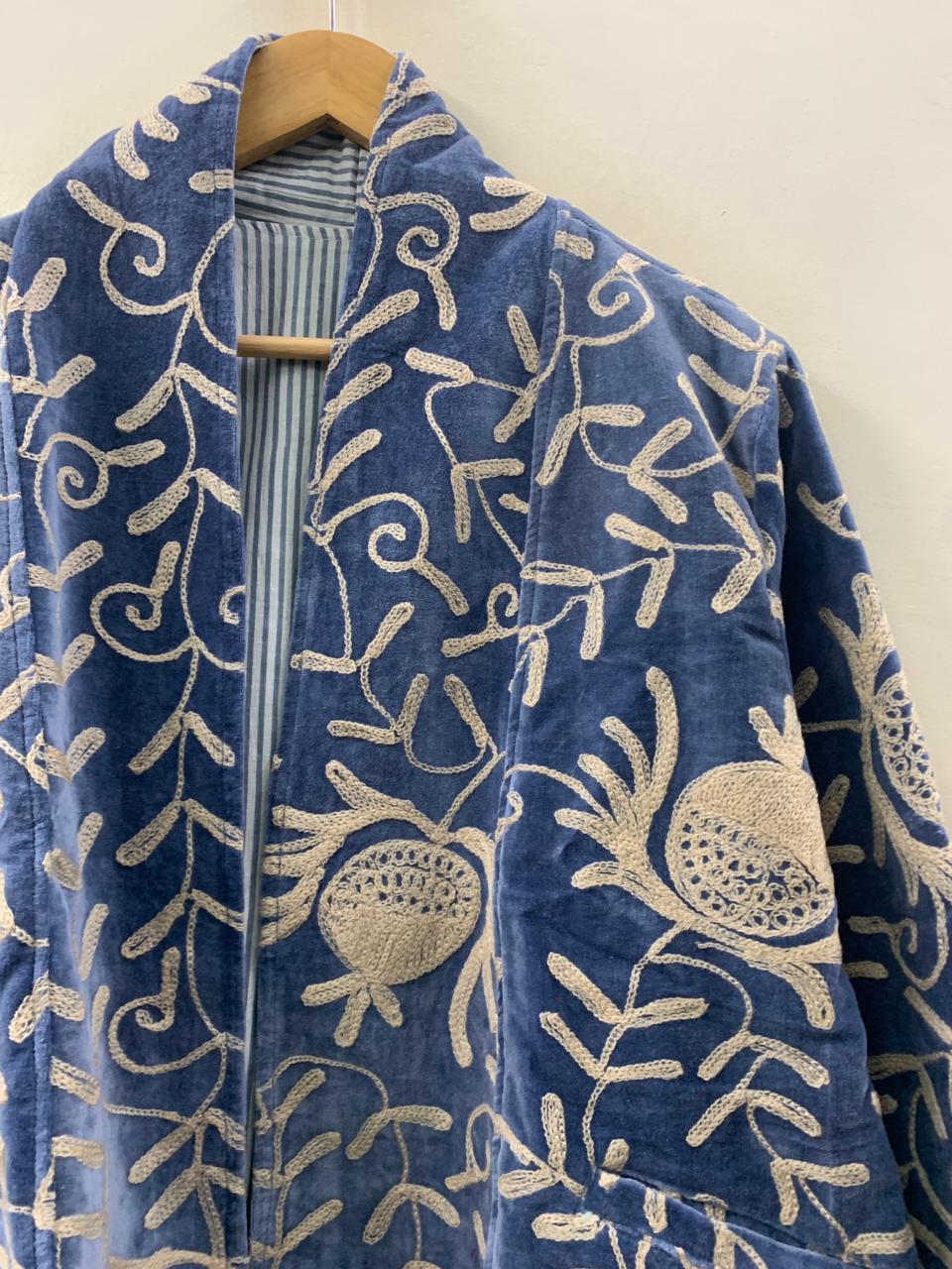 Grey Hand Embroidered Velvet Suzani Jacket | Boho Floral Duster | Gift For Her | Bohemian Velvet Coat | Festival Coat