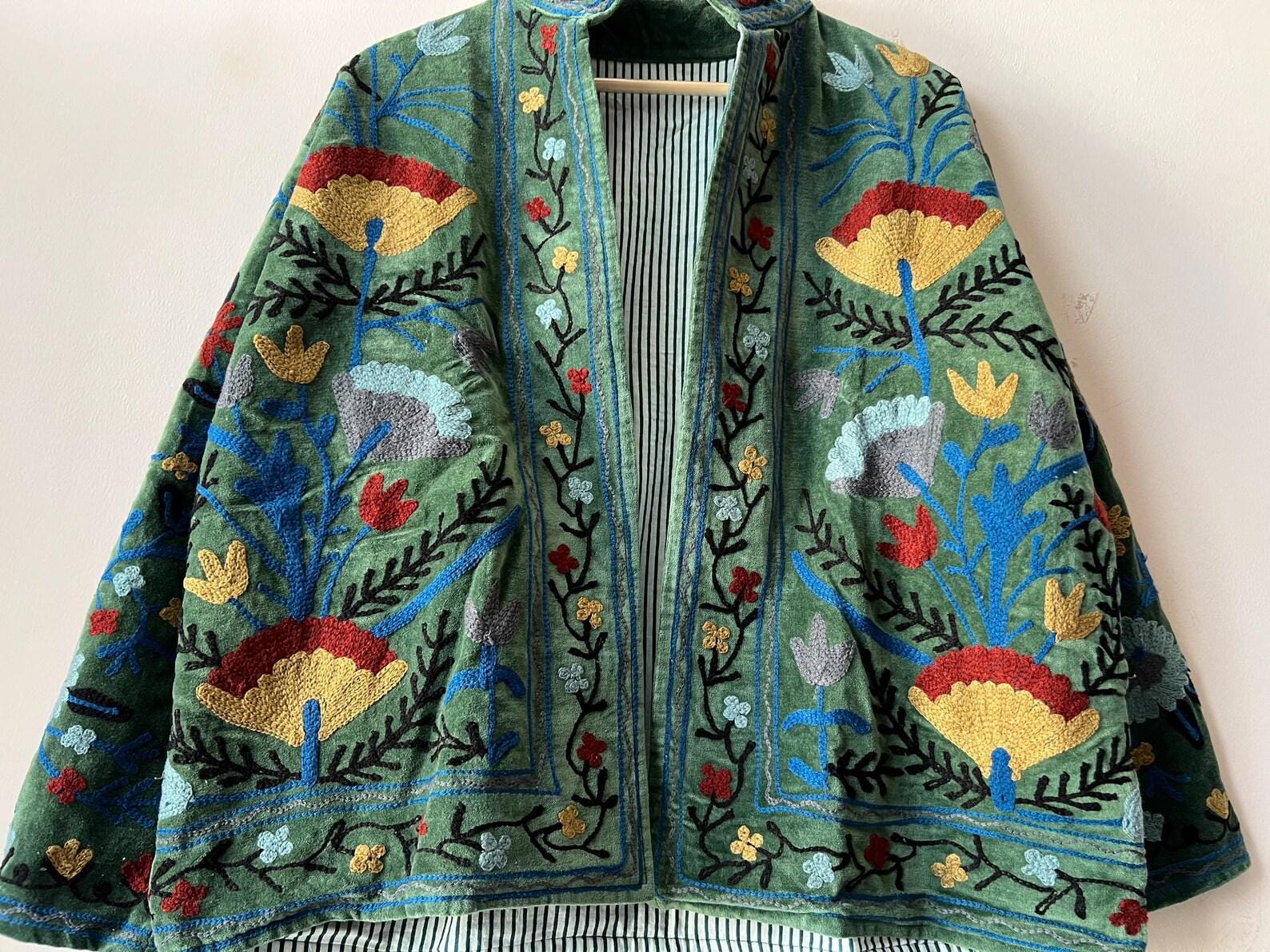 Embroidered Velvet Suzani Jacket, Bohemian Floral Coat, Gift For Her