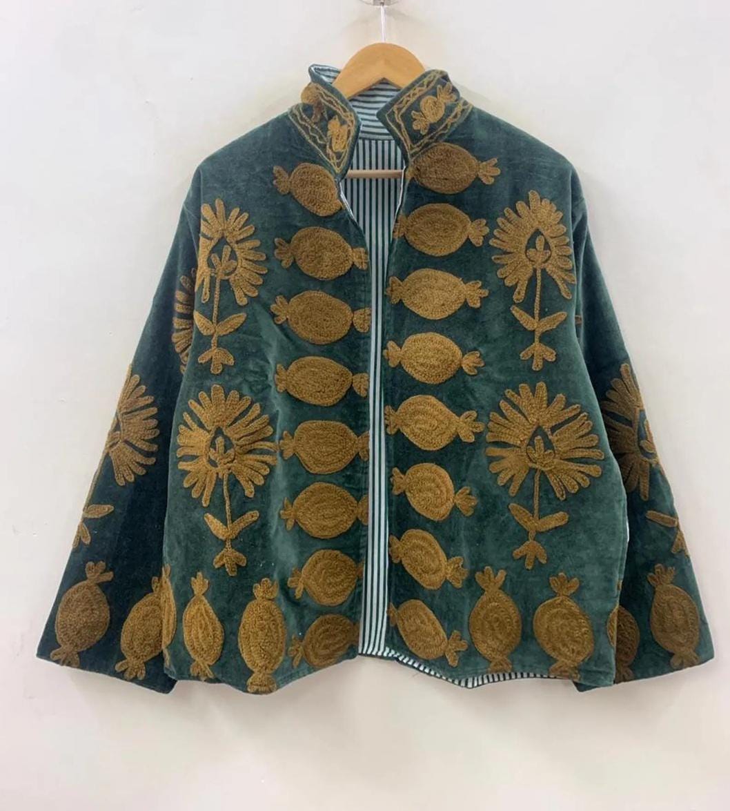 Boho Velvet Suzani Winter Short Jacket | Winter Handmade Jacket | Embroidered Jacket Coat | Velvet Jacket | Suzani Coat , Robe | One Size