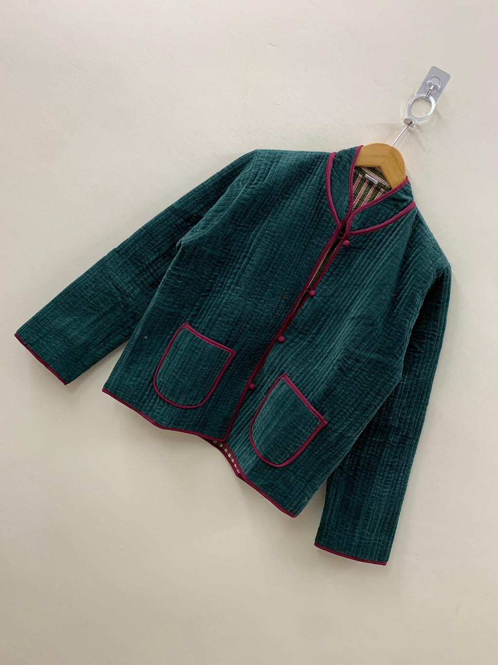 Green Velvet Quilted Solid Short Jacket | Velvet Coat | Buttoned Velvet Jacket | Quilted Boho Blazer | Winter Bomber Coat | Duster Jacket