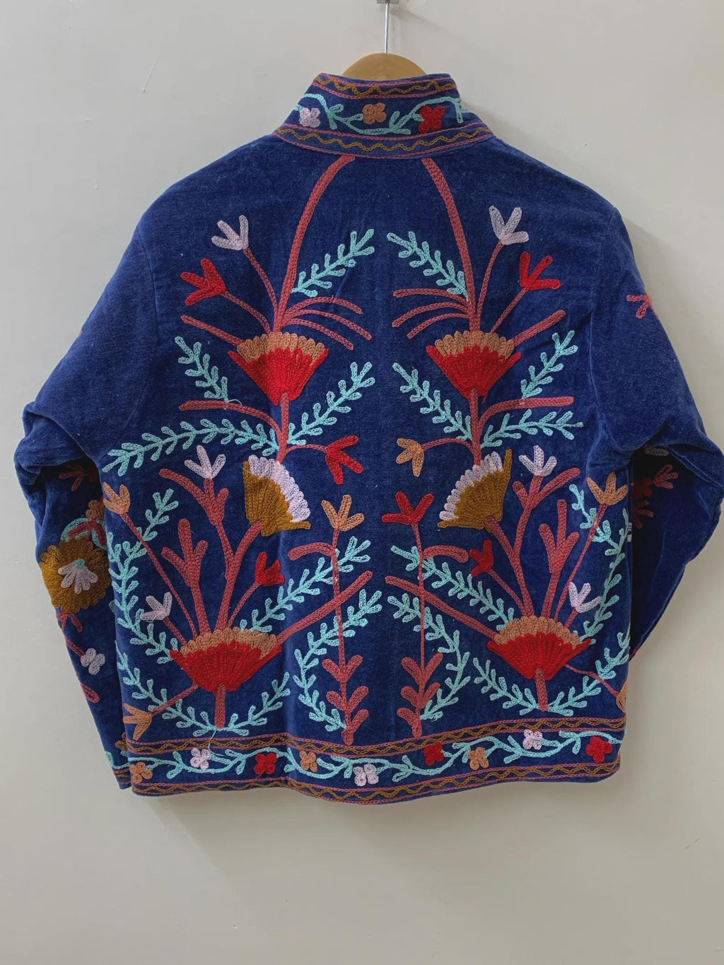 Blue Embroidery Suzani Velvet Short Jacket, Indian Handmade Floral Coat, Unisex Bridesmaid Gift, Winter Jacket, Women's Coat, Suzani Jacket