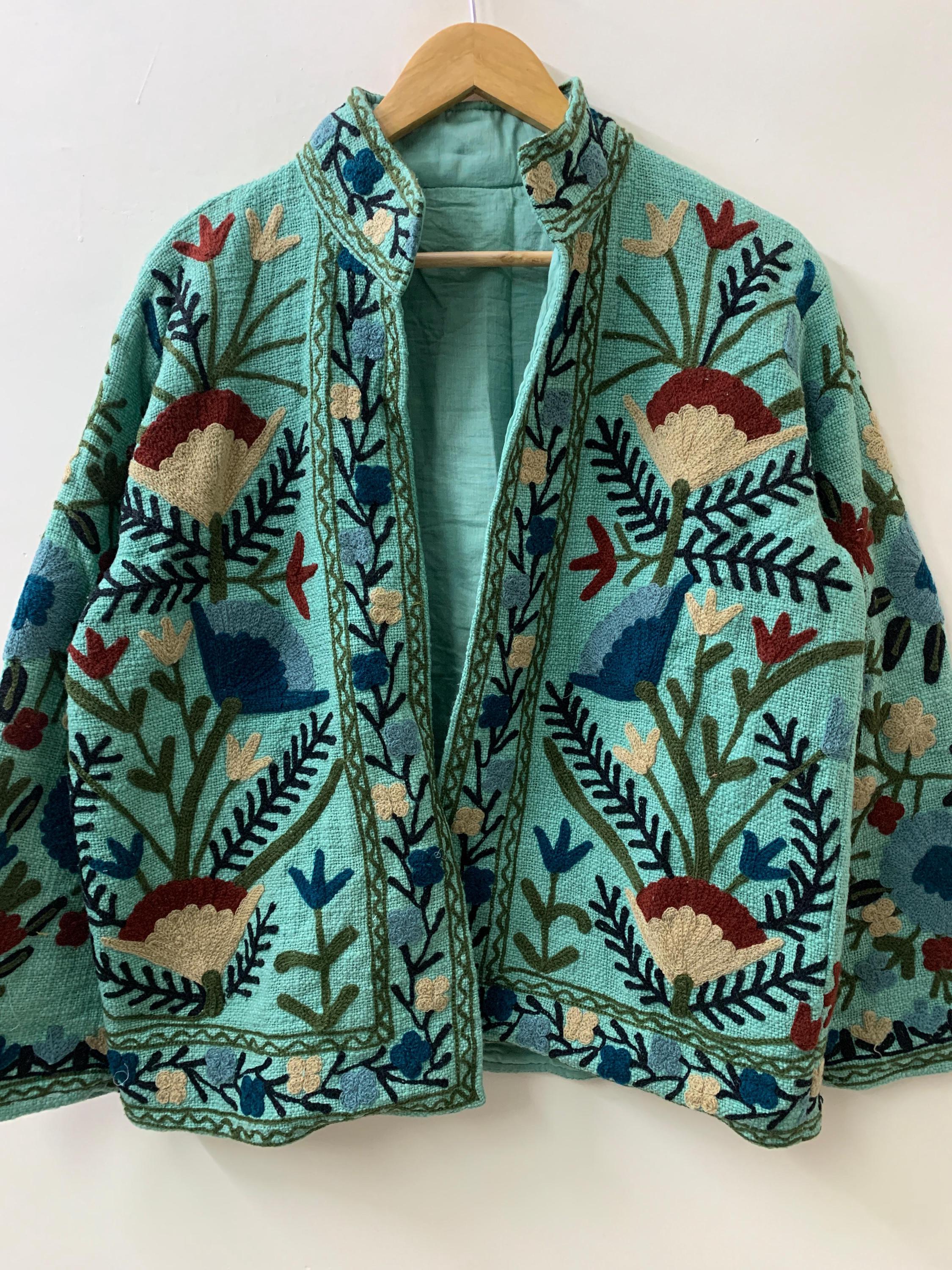 Green Suzani TNT Fabric Short Boho Jacket | Long Sleeve Button Winter Coat | Short Jacket | Spring Bomber Jacket | Gift For Her | TNT Coat