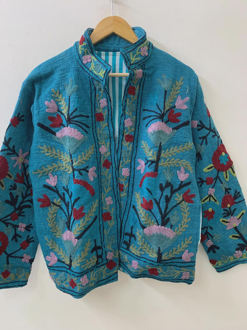 Blue TNT Suzani Short Jacket | Vintage Boho Embroidered Coat | Ethnic Uzbek Textile |Festival Kimono Jacket | Warm Outerwear |Gift For Her