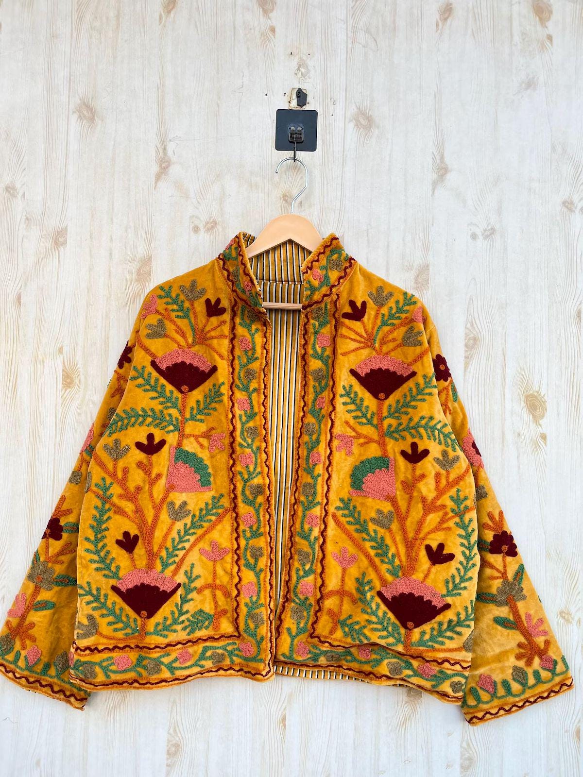 Suzani Embroidered Velvet Winter Jacket | Handmade Short Festival Coat | Ethnic Bohemian Outerwear | Winter Kimono Jacket | Gift For Wife