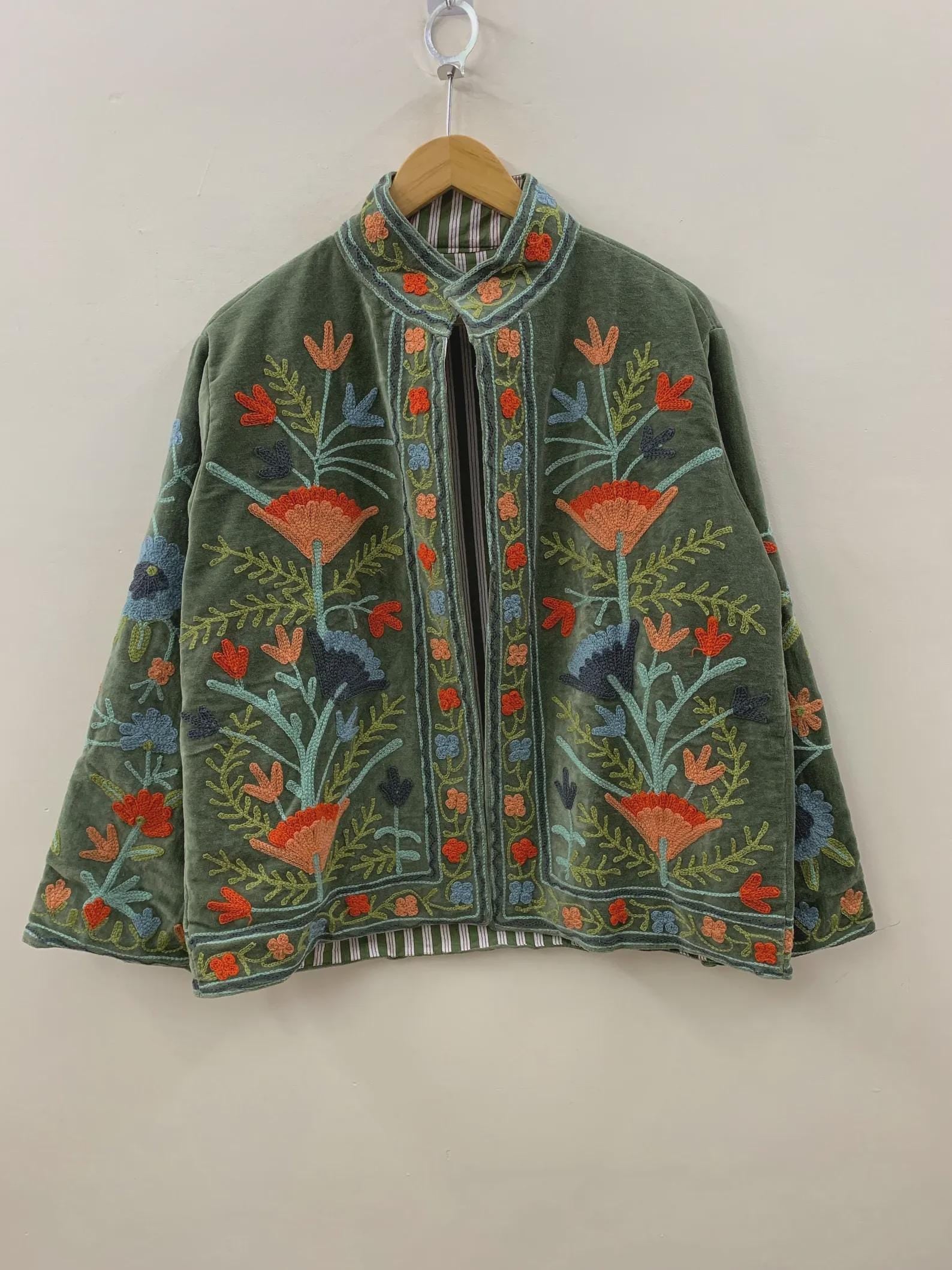 Floral Velvet Suzani Embroidery Jacket |Suzani Duster Jacket | Winter Kimono Jacket | Bomber Coat, Gift For Her | Street Fashion Jacket