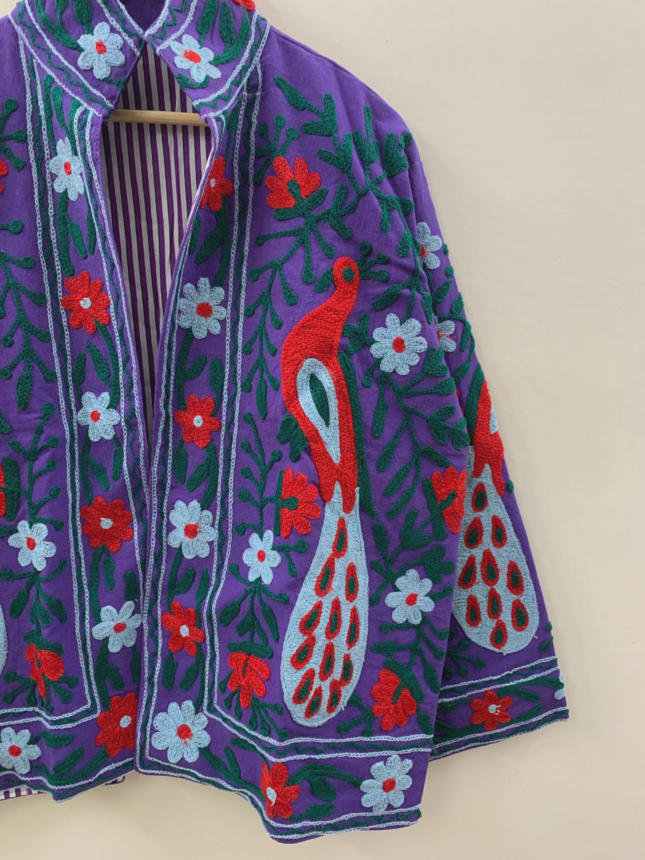 Vintage Cotton Suzani Boho Embroidered Coat |Bomber Coat |Ethnic Floral Peacock Jacket |Colorful Festival Clothing |Bohemian Outerwear |Gift